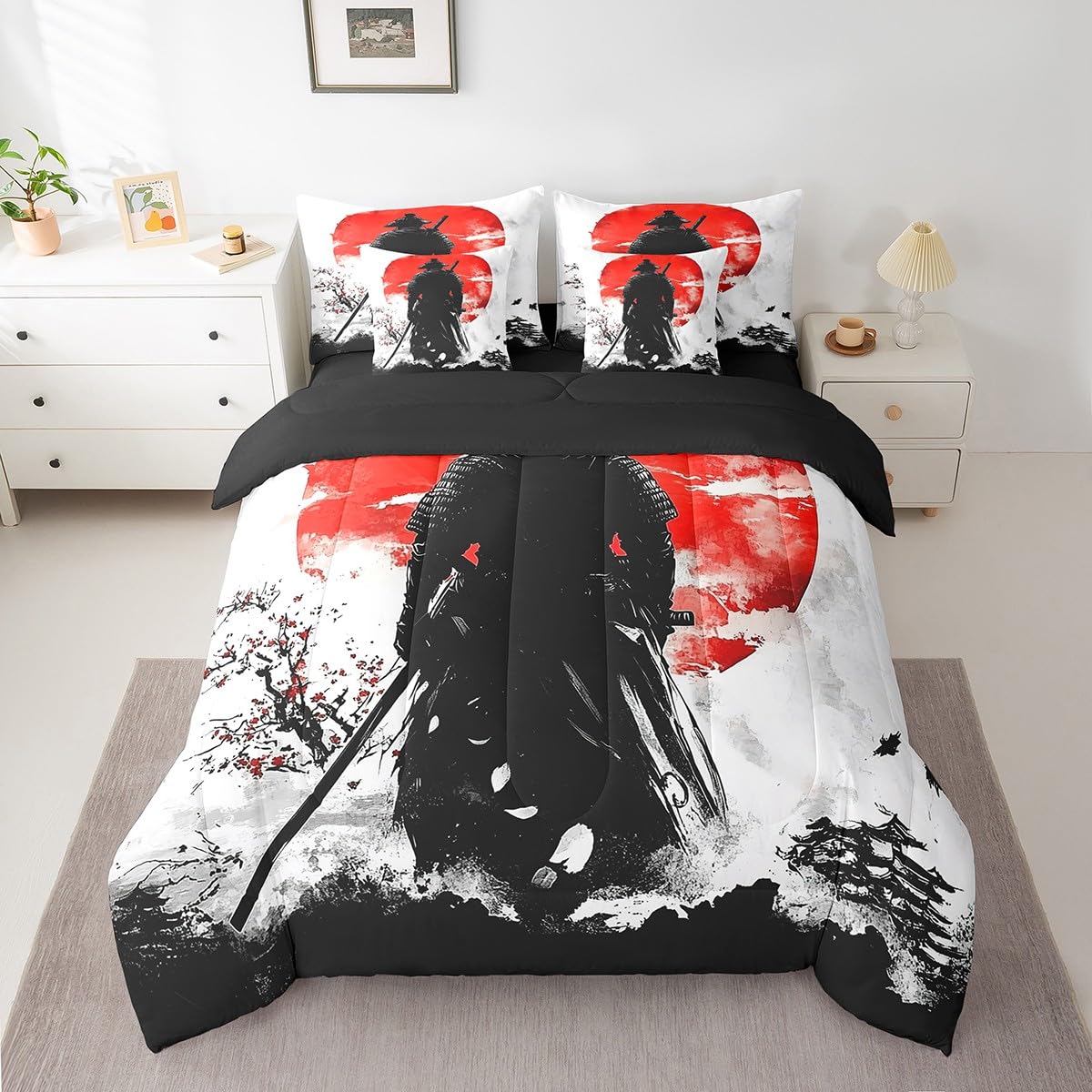 Erosebridal Japanese Samurai Comforter Set Twin,Samurai Ukiyoe Bedding Set 7Pcs,Cherry Blossom Bed in a Bag,Black Red Sun Quilt
