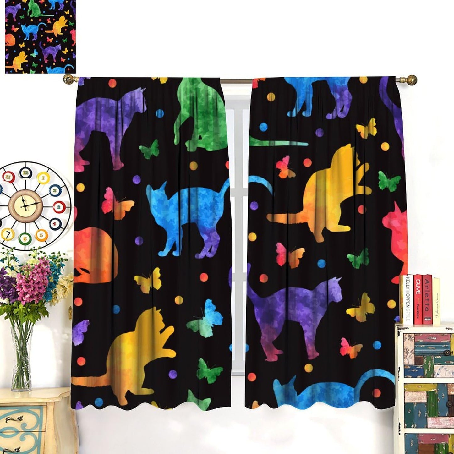 JADERYS Cat Blackout Curtains Colorful Cartoon Funny Animal Butterfly Cat Silhouette Black Kids Girls Boys Bedroom Living Room Rod Pocket Decoration Window Drapes 2 Panels W21xL45in