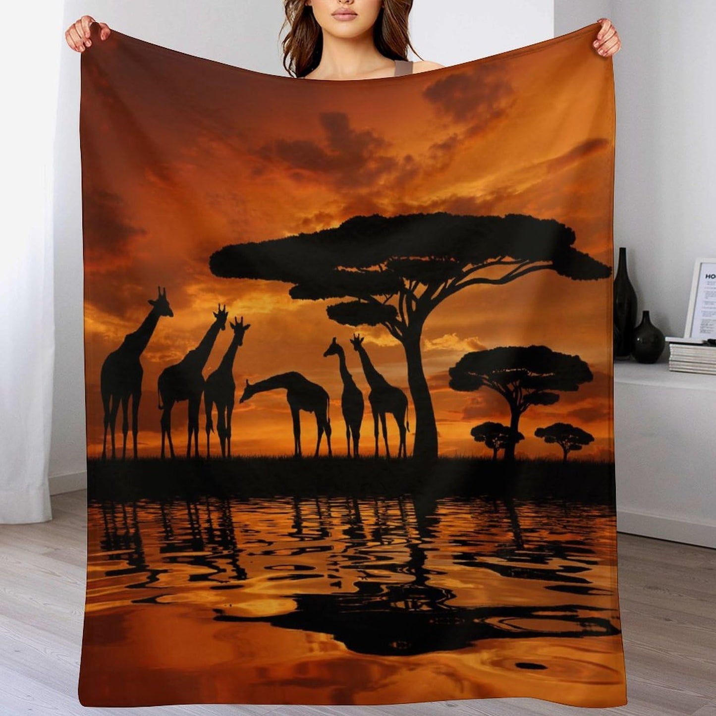 ZhiRain Africa Throw Blanket Savannah Animal Giraffe Crew Majestic Tree Kenya Sunrise Blanket for Sofa Bed Couch Chair Or Dorm 50"x60"