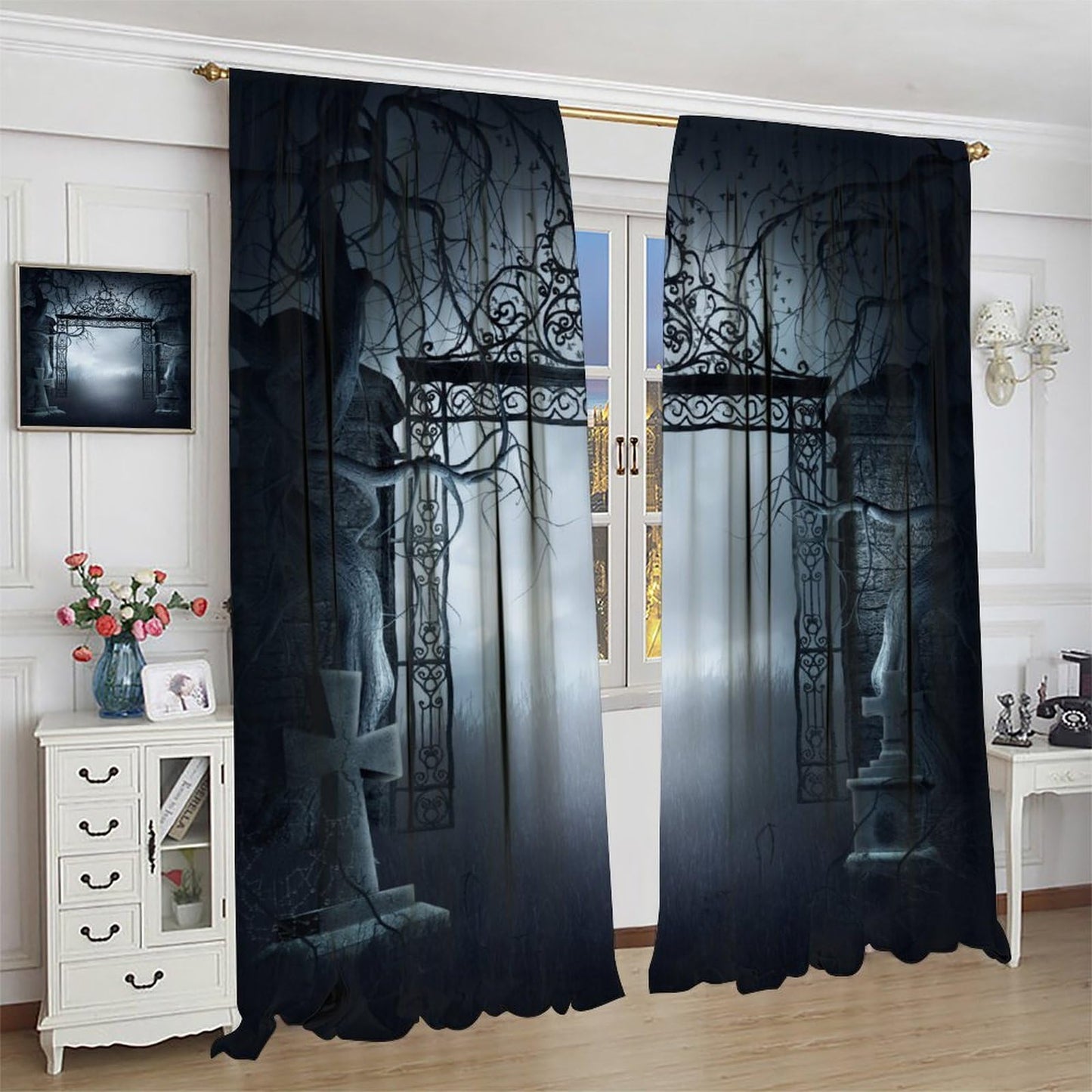 TFOSO Gothic Curtain, Misty Night View Horror Home Decor Bedroom Living Room Rod Pocket Window Treatment 2 Panel Set Total Size 42" W X 45" L Inch