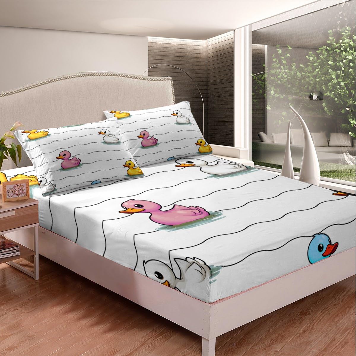Erosebridal Cartoon Duck Sheet Set for Kids Boys Girls,Colorful Duck Bed Sheets Full,Cute Hand Drawn Duck Wave Lines Bedding Set,Lovely Farmhouse Animal Fitted Sheet + Top Sheet + 2 Pillowcases