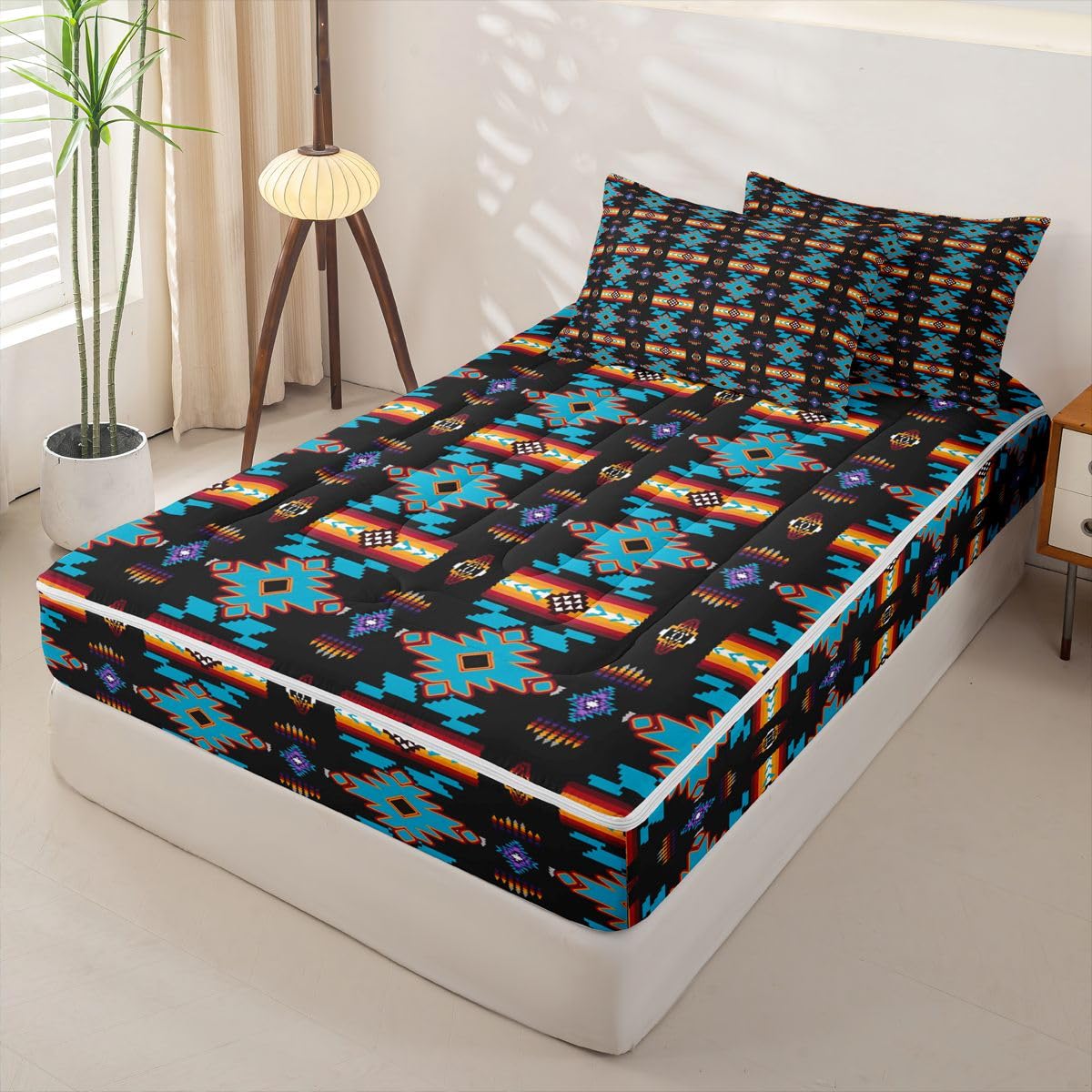 Erosebridal Western Aztec Zipper Bedding Queen Vintage Geometric Zip Up Bedding Set for Boys and Kids, Boho Western Bed in a Bag Native American Rustic Farmhouse Comforter Set with Sheets Black Blue