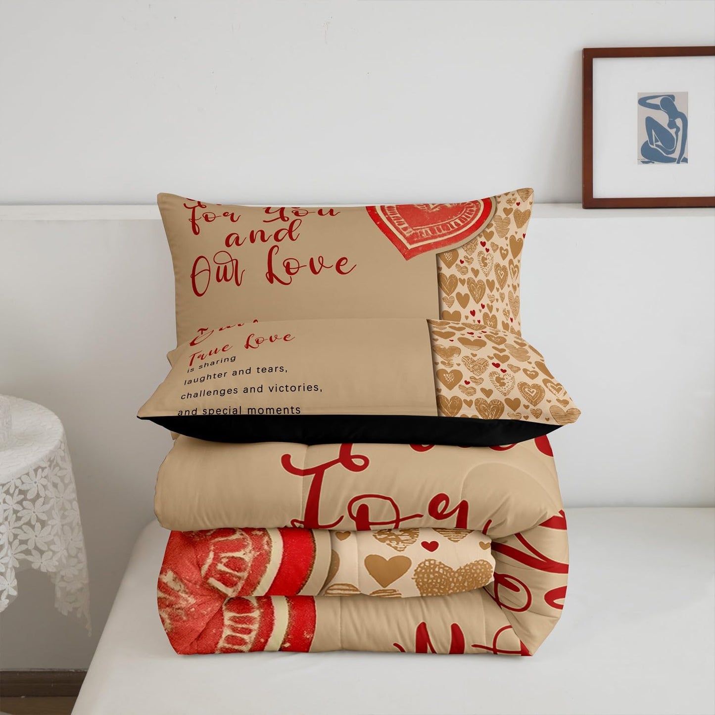 Erosebridal Valentine Gifts Comforter Set Queen for Couple,Romantic Motto Bedding for Women Men Adults,Cartoon Love Hearts Down Comforter,True Love Bedding Comforter Sets
