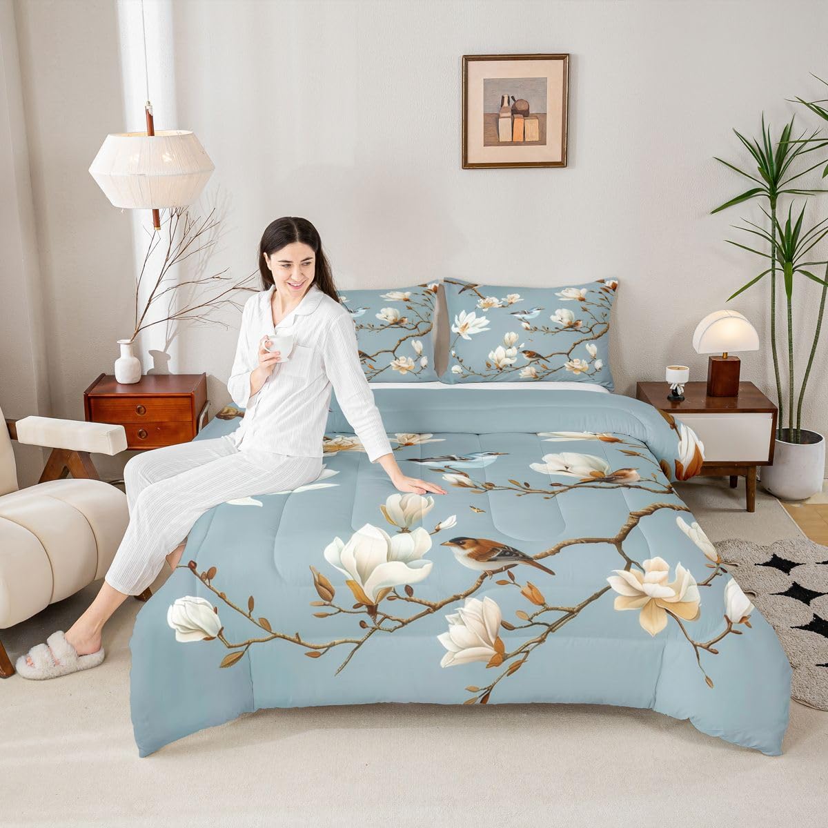 jejeloiu White Magnolia Tree Comforter Set Toddler Size Flower Floral Bedding Set for Kids Boys Girls Bird Duvet Quilt Bedroom Decor Microfiber 2 Pcs with 1 Pillow Cases