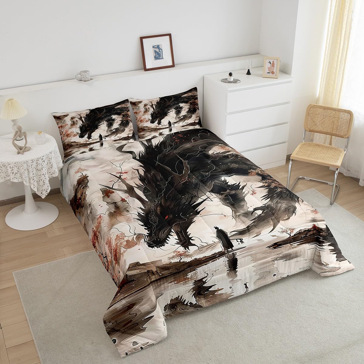 Feelyou Dragon Comforter Set Twin Size Japanese Style Comforter for Boys Girls Teens Samurai Bedding Set Japanese Ukiyoe Duvet Set Room Decor Black Beige Quilt Set