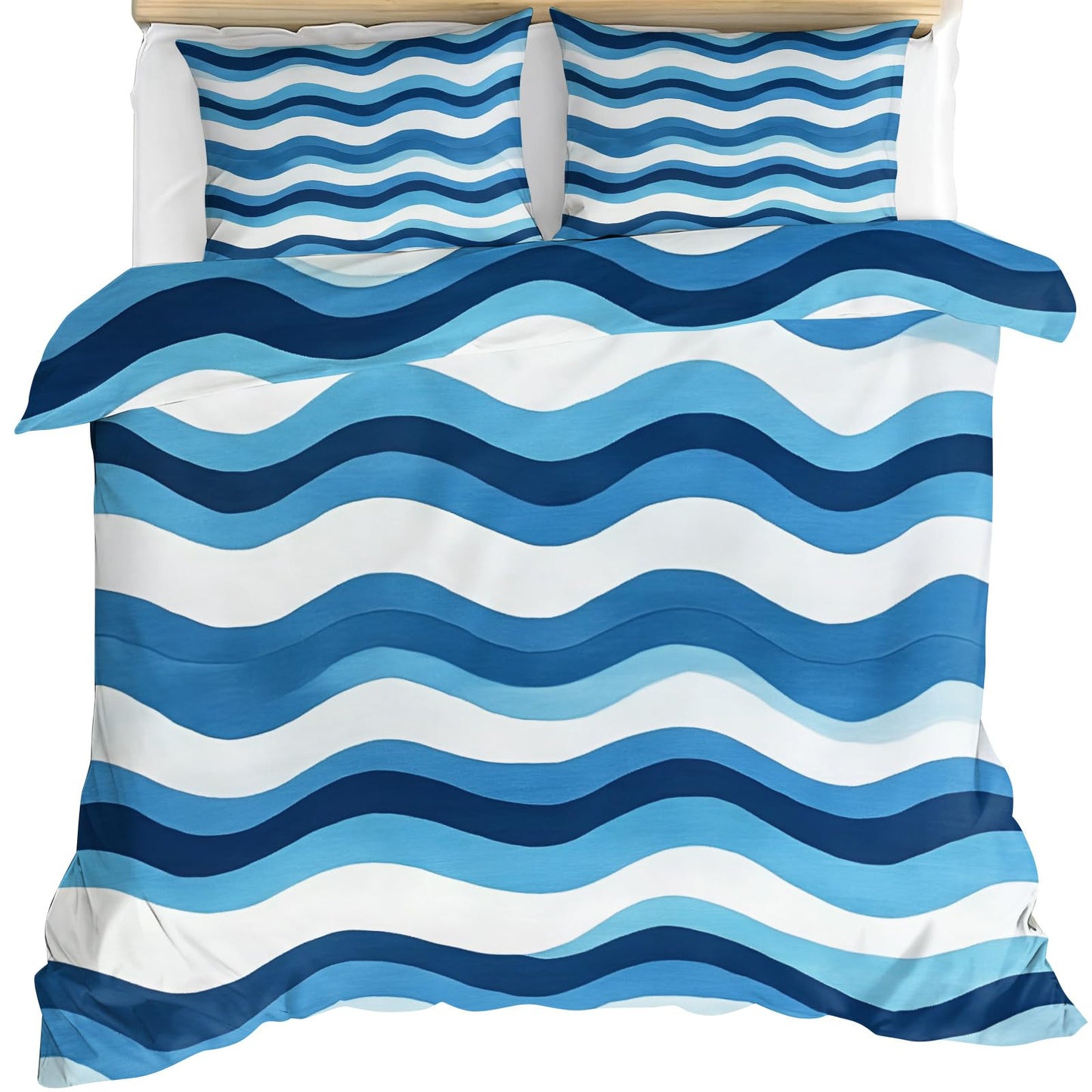 GKPLY Waves Bedding Sets, Blue White Stripes Duvet Cover Full, Ocean Wave Comforter Cover with Zipper & Ties, 3 Pieces Quilt with 2 Pillowcases, Easy Care