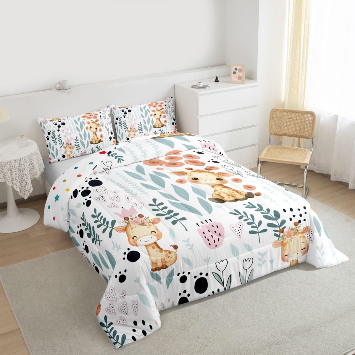 Erosebridal Kawaii Giraffe Bedding Set,Cartoon Giraffe Comforter Set Twin,Cute Love Heart Leaf Flower Comforter Set for Kids Girls Boys,Paw Print Animals Quilt Duvet Insert with 1 Pillow Case