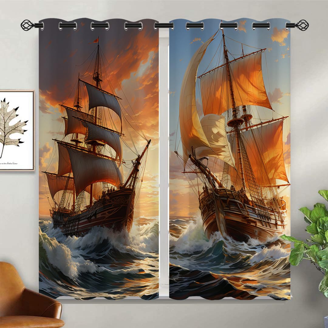 Nautical Blackout Curtains for Girls Boy Home Decor, Pirate Ship Sailboat Sailing Adventure Ocean Grommet Thermal Insulated Drapes Darkening Window Curtain for Bedroom Living Room, 42 x 45 Inch