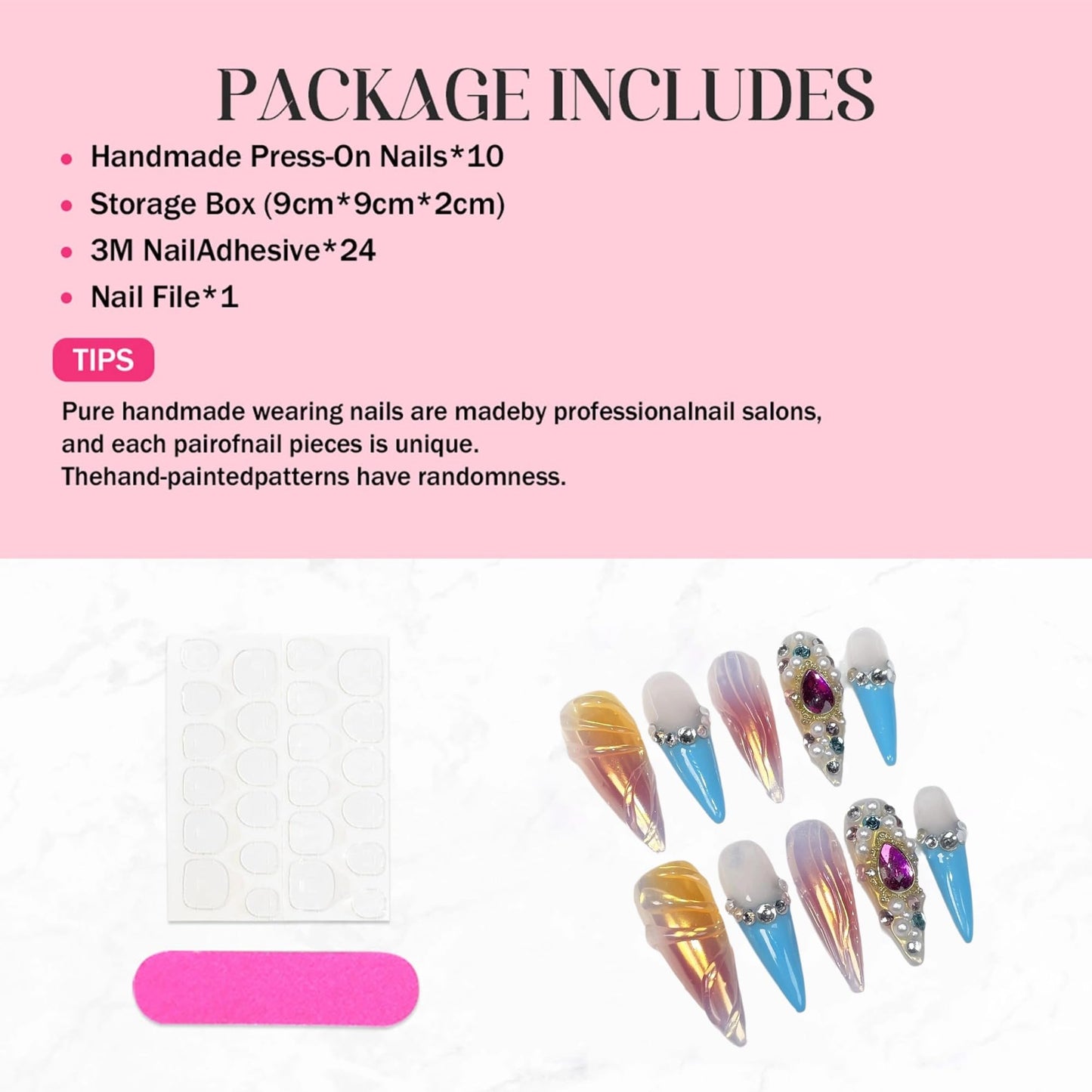 Luxury Handmade Press On Nails Long Stiletto Fake Nails Ombre False Nails with 3D Rhinestones Designs Y2k French Tip Long Almond Acrylic Nails Press Ons for Women 10Pcs (Size M)