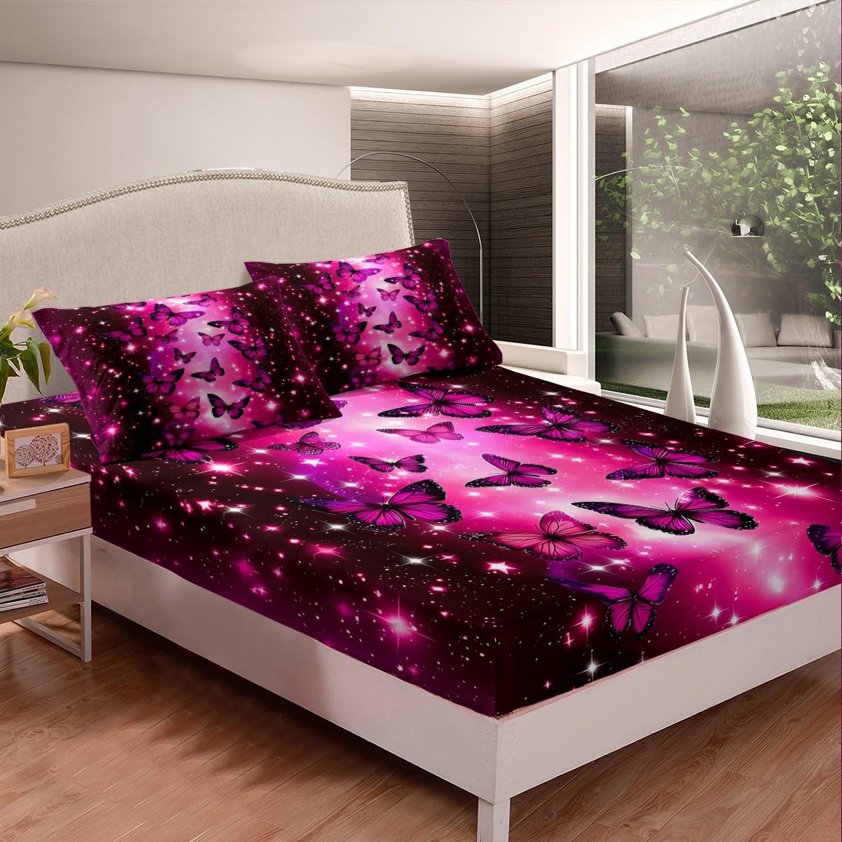 Feelyou Boys Girls Valentine's Day Fitted Sheet Full Size, Butterfly Bedding Set Kids Glitter Bed Sheet Set Romantic Teens Bed Cover Bedroom Decor Lightweight Bed Set (No Flat Sheet)
