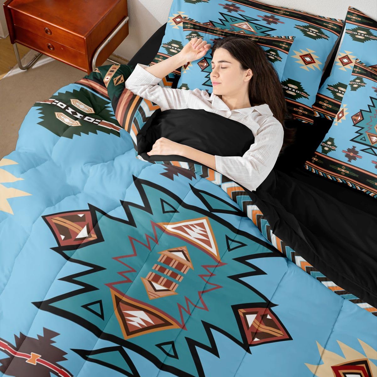 Erosebridal Western Comforter Set 7-Piece Bed in a Bag Twin | Southwest Native Geometric Bedding Sets Exotic Nordic Style Aztec Comforter and Sheet Set, Sriped Diamond Triangle Room Decor,Cyan