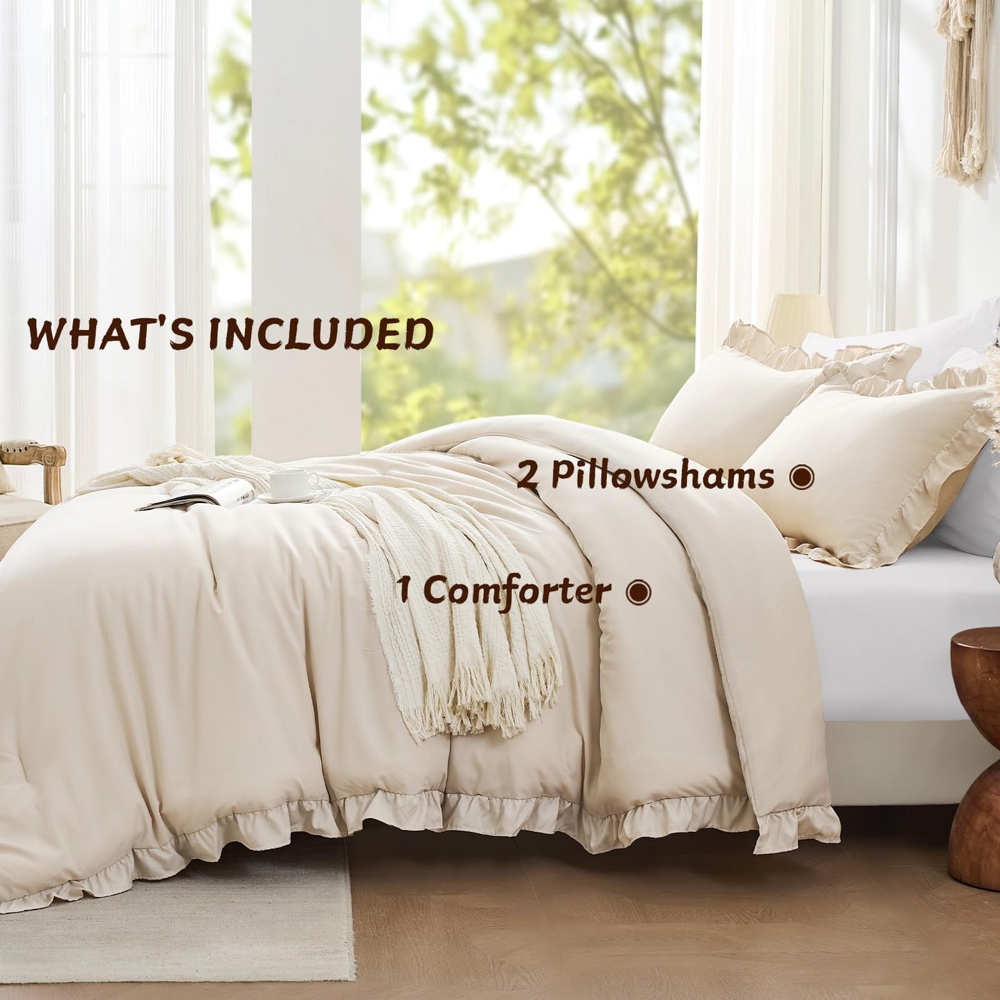 FUANNA Queen Comforter Set Beige 3 Pieces, Ruffle Shabby Chic Queen Bed Set, Fluffy Lightweight Soft Bed in a Bag Queen for All Seasons, Farmhouse Bedding Comforter Sets(1 Comforter & 2 Pillowshams)