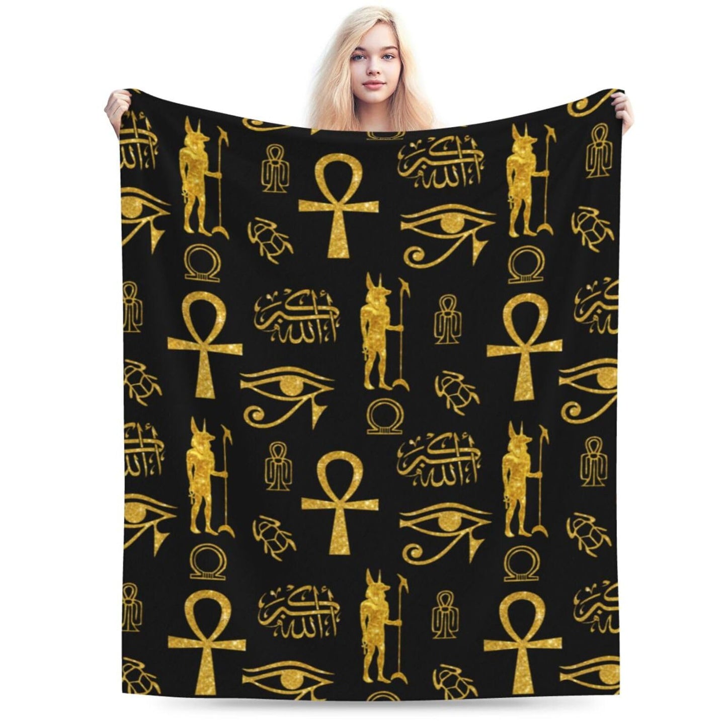 Ancient Egyptian Ankh Cross Gold Allahu Akbar Anubis Blankets for Mens Womens Boys Girls Gifts 60X50 Inches Ultra-Soft Warm Lightweight Bedding Throw for Bed, Sofa, Couch