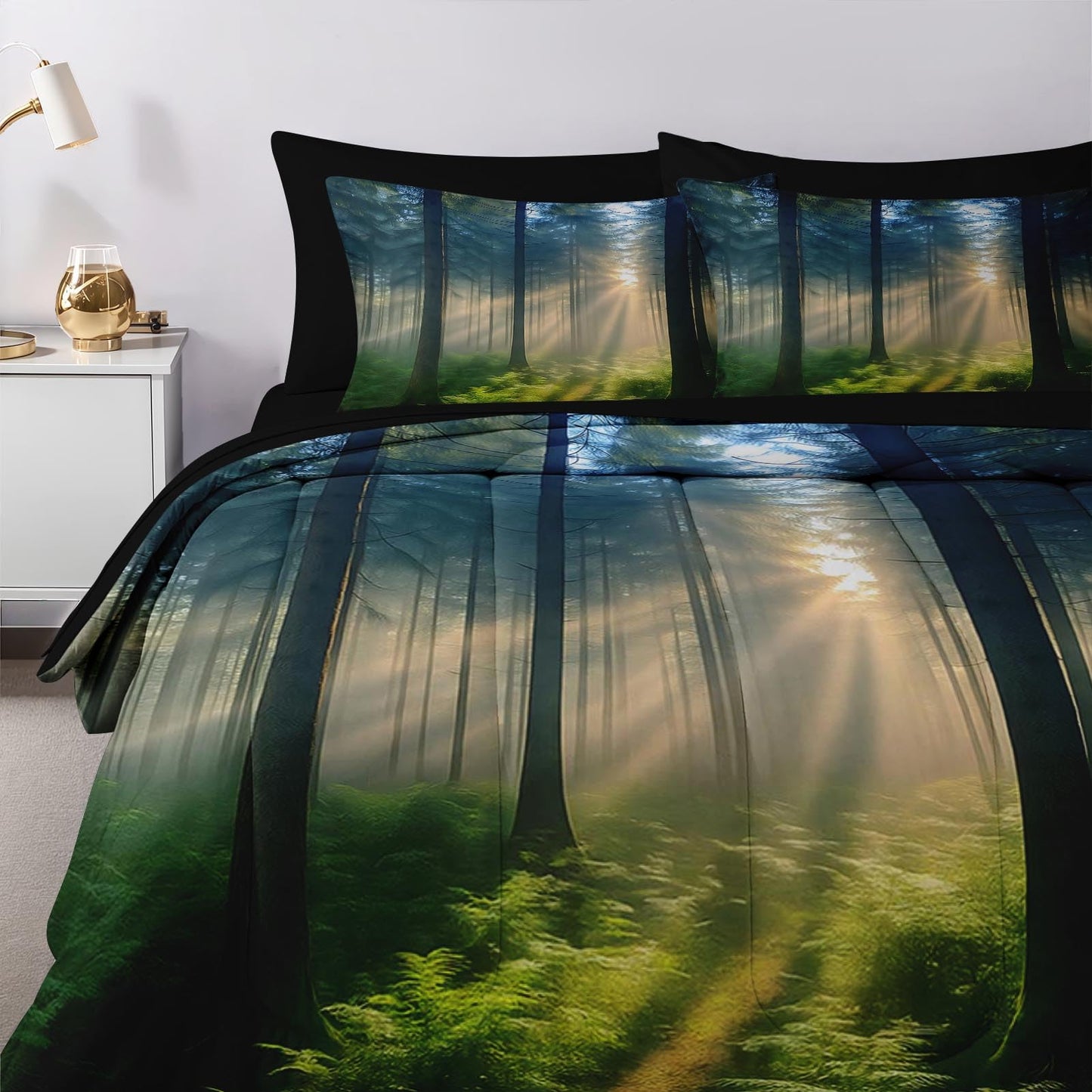 Nesker Comforter Set Queen Size, Sunlit Forest Nature 7 Pcs Bedding for Kids and Adults, Misty Tree Forest Bed Sheet Sets with Fitted Sheet 2 Pillowcases & 2 Shams