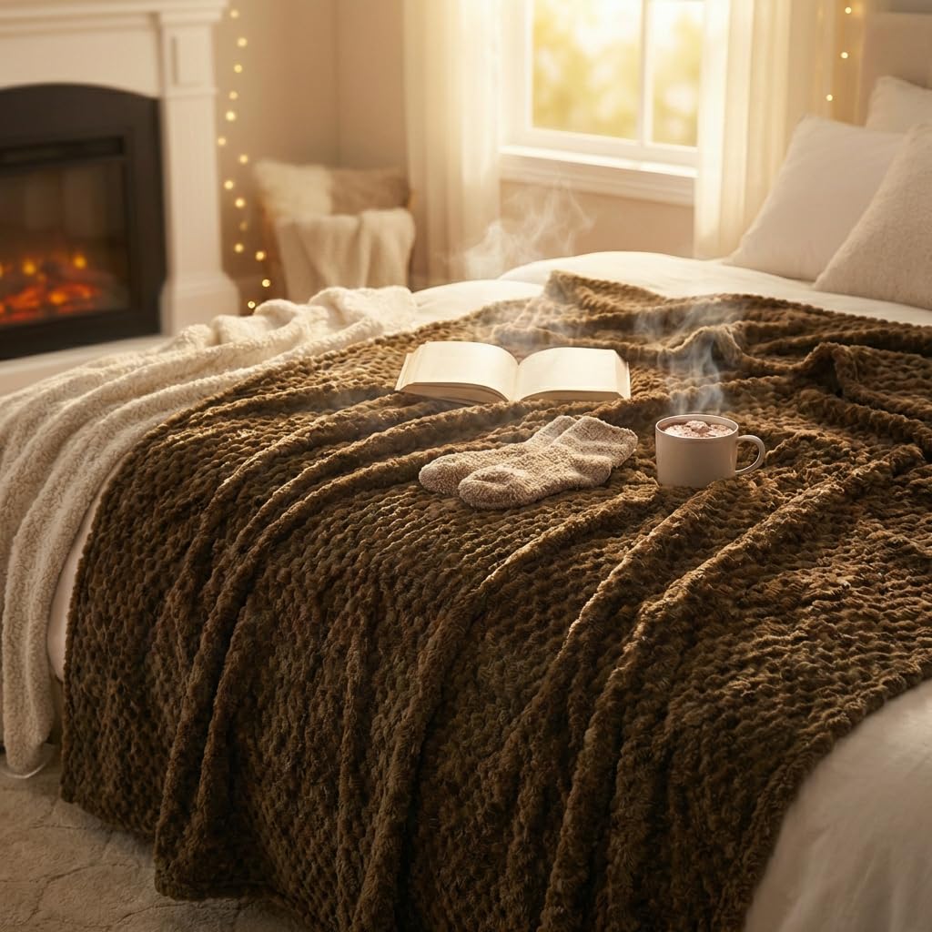 ARUDYREV Queen Size for Couch or Bed Cozy Soft Lightweight Fuzzy Flannel Blanket Suitable 3D Imitation Turtle Shell Jacquard Decorative Blankets for All Seasons(40"×60",Brown)