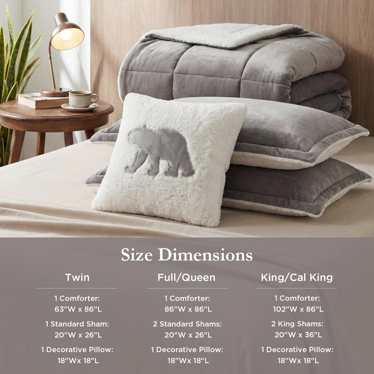 Woolrich Reversible Comforter Set Ultra Soft Plush to Sherpa, Down Alternative, Cold Weather Winter Warm Bedding, with Matching Sham, Decorative Pillow Grey/Ivory Full/Queen 4 Piece