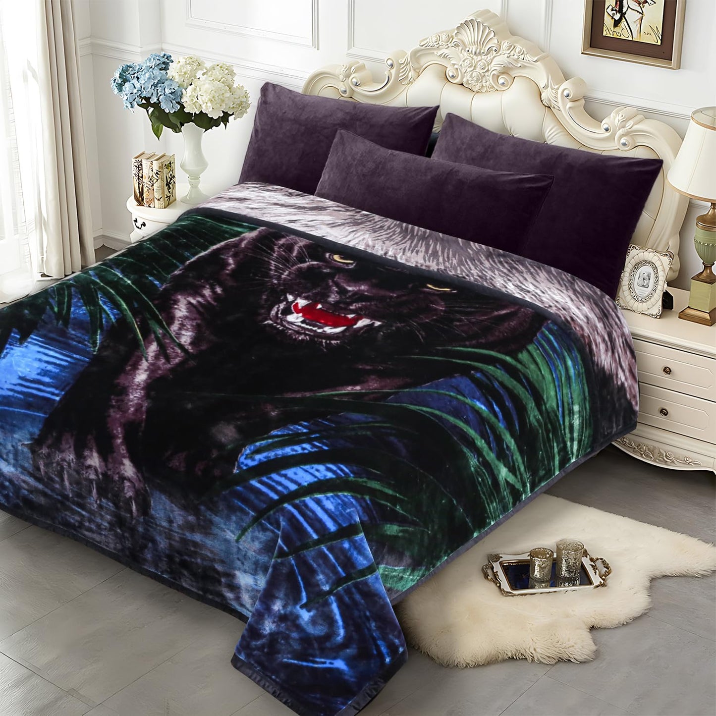 JYK Soft Fleece Bed Blanket Queen Size 5 LB, Korean Style 2 Ply Reversible Fluffy Flannel Blanket Microfiber, Warm Cozy Blanket for Autumn, Winter 75x87 Inches - Black Panther/Lion
