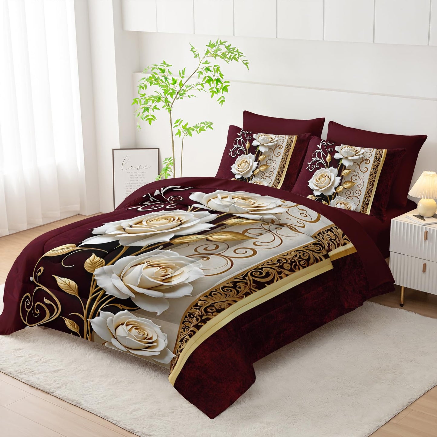 lneffble Red and White Floral Comforter Set Queen Size 7 Piece，Rose Queen Bedding Set，(1 Comforter, 1 Flat Sheet, 1 Fitted Sheet, 2 Pillowcase and 2 Pillow Sham)，White Rose Bedroom Decor