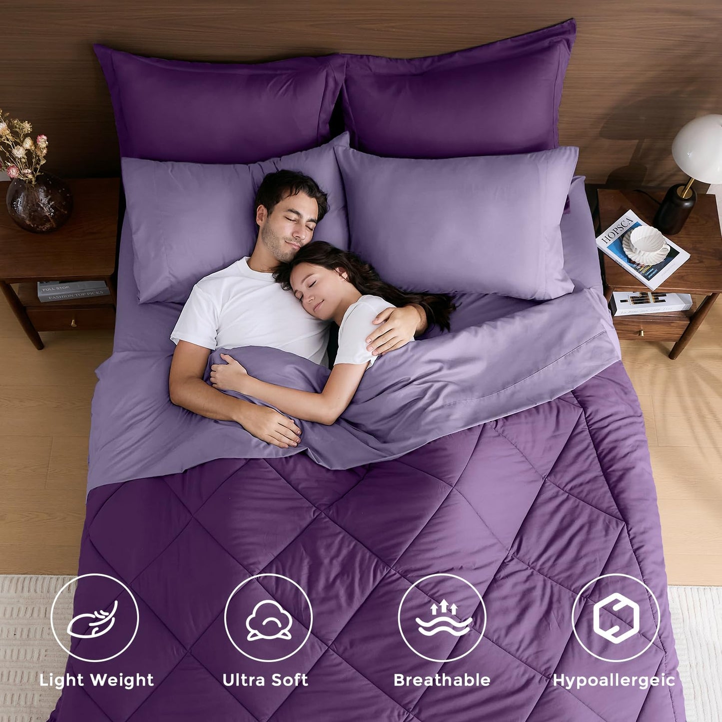 HEVUMYI Purple & Light Purple Queen Comforter Set - 7-Piece All Season Bed in a Bag Queen, Ultra Soft Bedding Set with Comforter, Flat Sheet, Fitted Sheet, Pillowcases, Pillow Shams