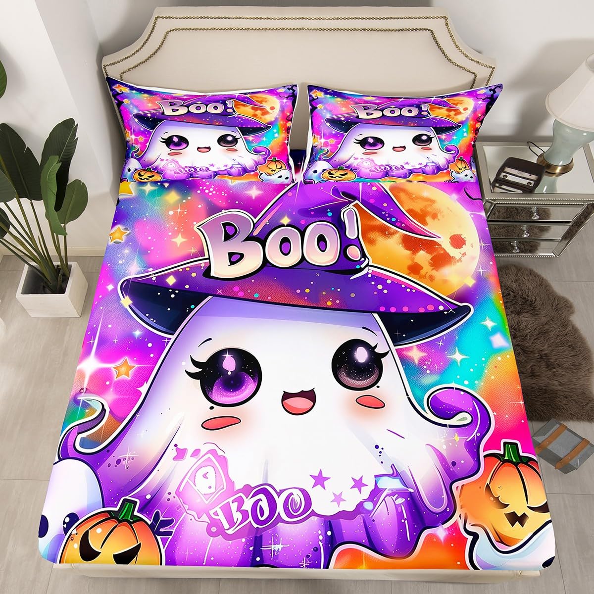 Kawaii Ghost Fitted Sheet,Dreamy Kids Halloween Decor Cute Ghost Bed Sheet 3 Pieces Fits Mattress,Tie Dyed Moon Night Sequin Print Decorative Fabric Bedding All-Round Elastic Pocket