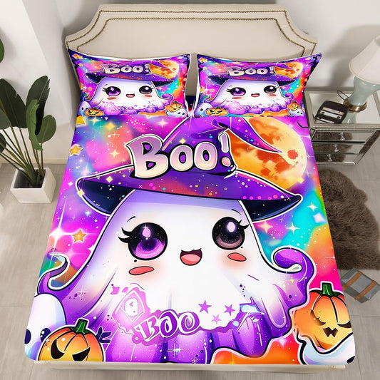 Kawaii Ghost Fitted Sheet,Dreamy Kids Halloween Decor Cute Ghost Bed Sheet 3 Pieces Fits Mattress,Tie Dyed Moon Night Sequin Print Decorative Fabric Bedding All-Round Elastic Pocket