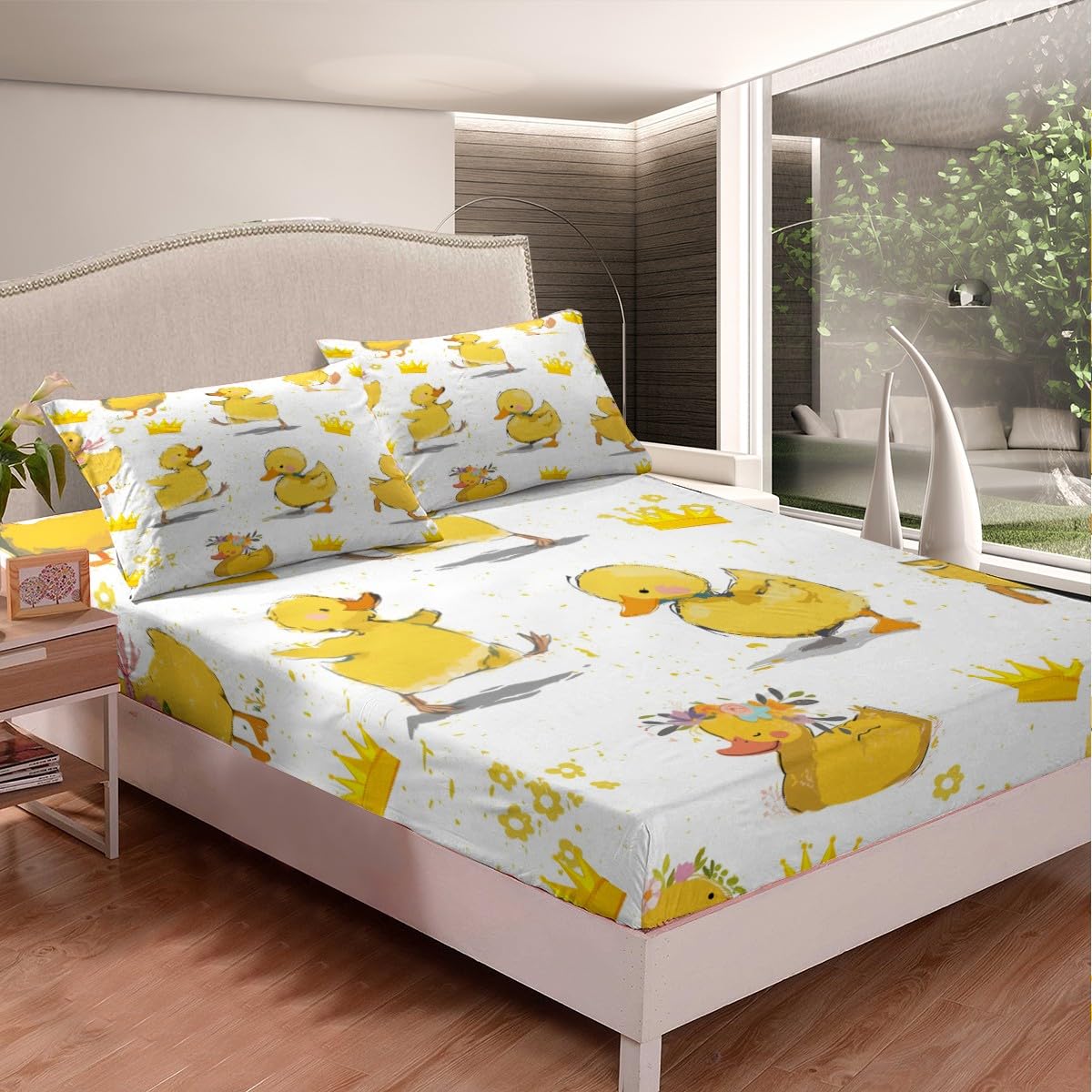 Cartoon Duck Sheet Set for Kids Boys Girls,Kawaii Duck + Crown Flowers Bed Sheets Set Full,Cute Duck Bedding Set,Lovely Farmhouse Animal Fitted Sheet + Top Sheet + 2 Pillowcases Bedroom Decor