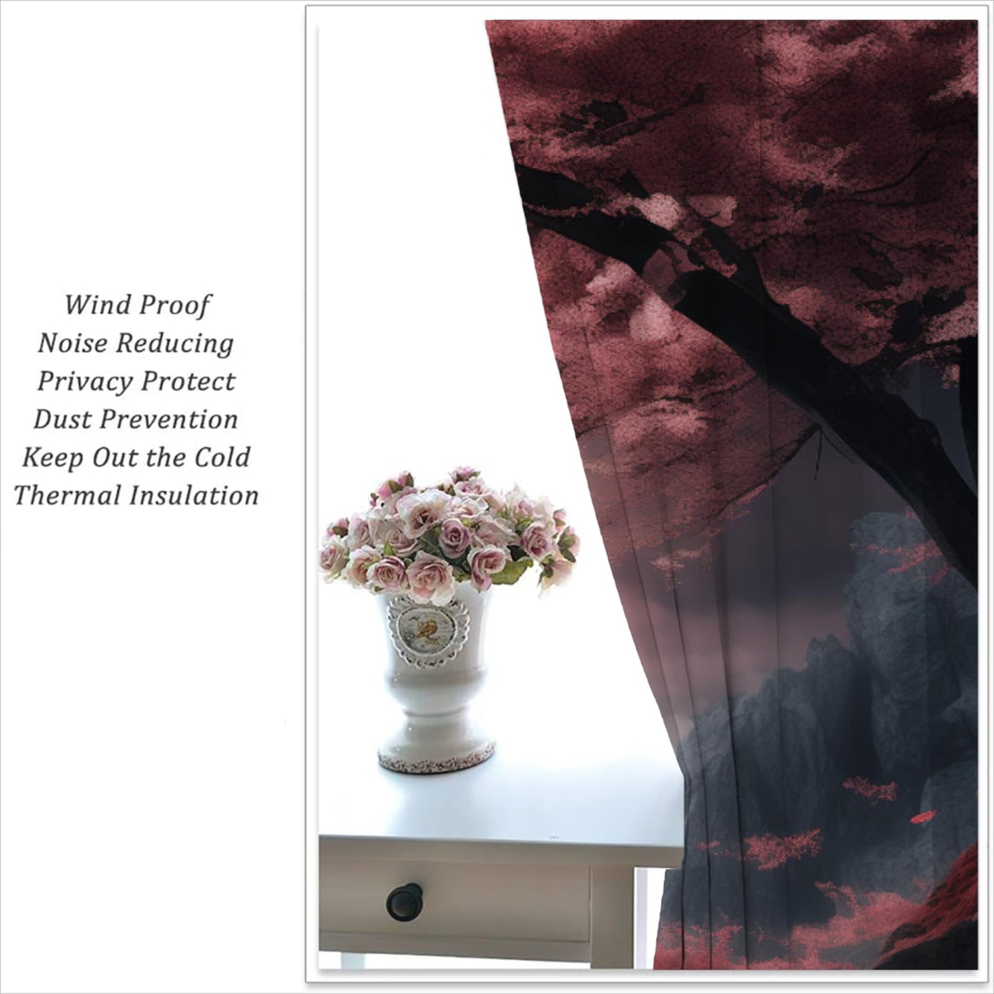 LHROOMJK Japanese Cherry Blossom Blackout Curtains for Boys Girl Bedroom Home Decor,Asian Anime Floral Mountain Pink Moon Thermal Insulated Grommet Darkening Living Room Window Drapes, 72 x 63 inch