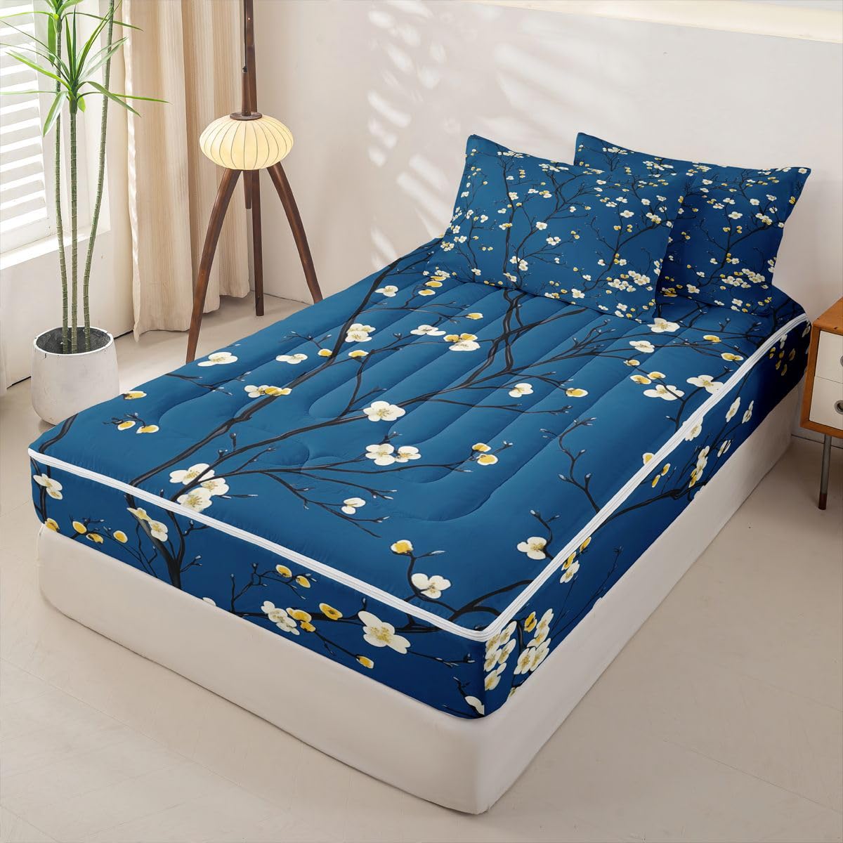 Erosebridal Spring Flowers Kids Comforter Set with Zipper, Japanese Cherry Blossom Twin Size Zipper Bedding Set, Floral Decor Bed-in-A-Bag