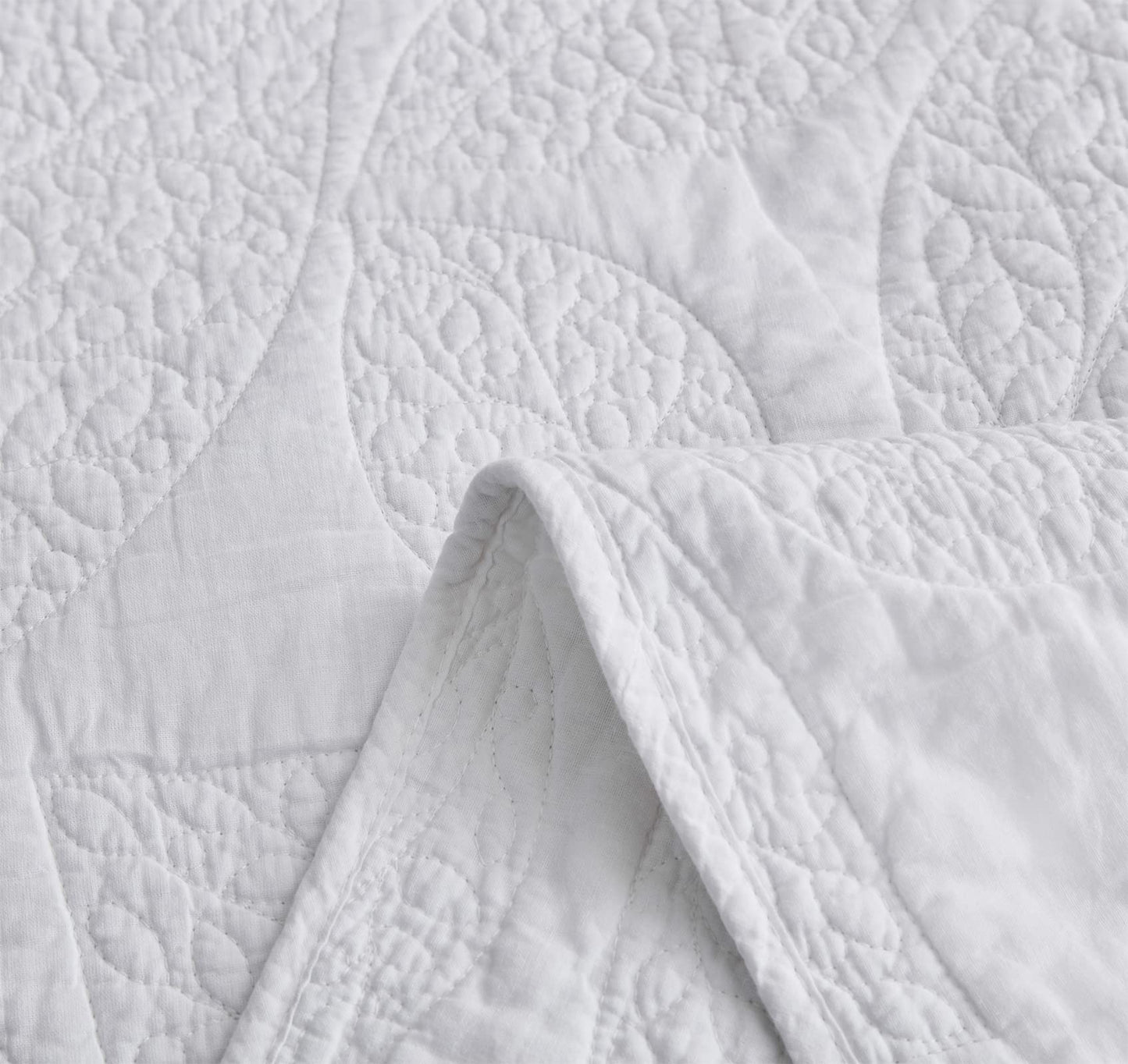 CHIXIN Botanical Cotton Quilt King Size - Real Stitching Leaf Pattern - Quilted Bedspread Coverlet Set, Ultra Soft, Lightweight, Reversible, 3 Piece, Pure White