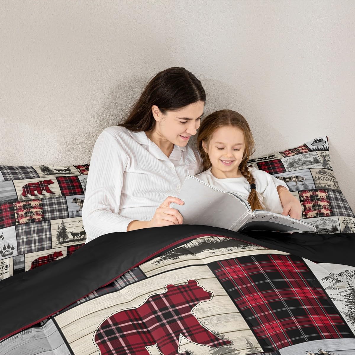 Rustic Cabin Comforter Set Queen Woodland Wolf Deer Bear Comforter For Kids Adults,Red Black Buffalo Plaid Bedding Set Wildlife Camping Lodge Mountain Quilt Bedding Southwestern Farmhouse Decor