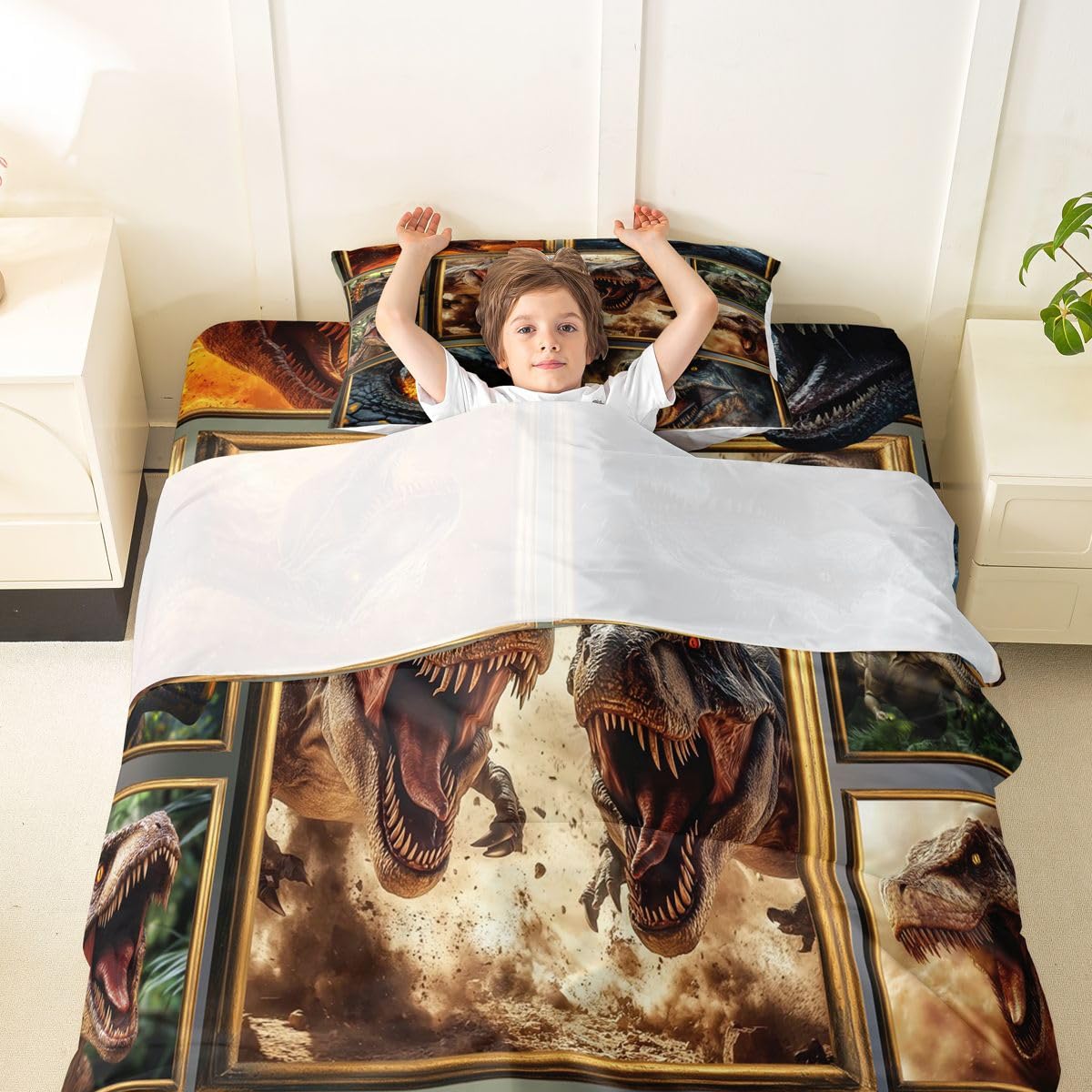 Feelyou Dinosaur Bed Sheets Sets Twin Size Kids Boys Girls 3D Digital Print Bedding Set Jungle Dino Bed Sheet Set with 16-Inch Deep Pockets Blue Orange White Yellow 3Pcs with 1 Pillow Cases Wildlife