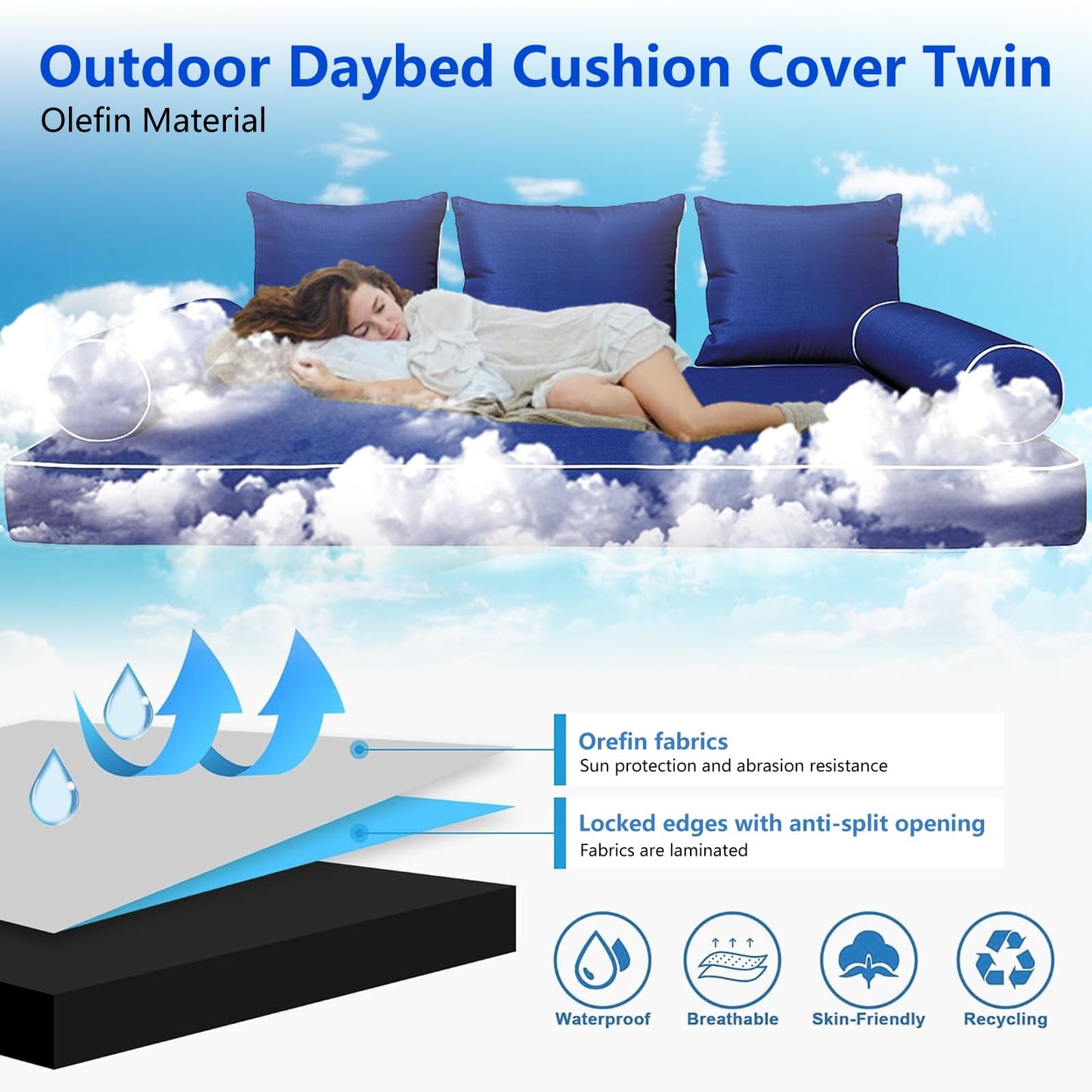 Outdoor Twin Size Daybed Mattress Cover Waterproof, Porch Swing Bed Cushion Covers with Zip,Outdoors Bedding Cushions Pillow Bolster Fitted Sheet Slipcover,ONLY COVER (Navy Blue, 75*39*6inch)
