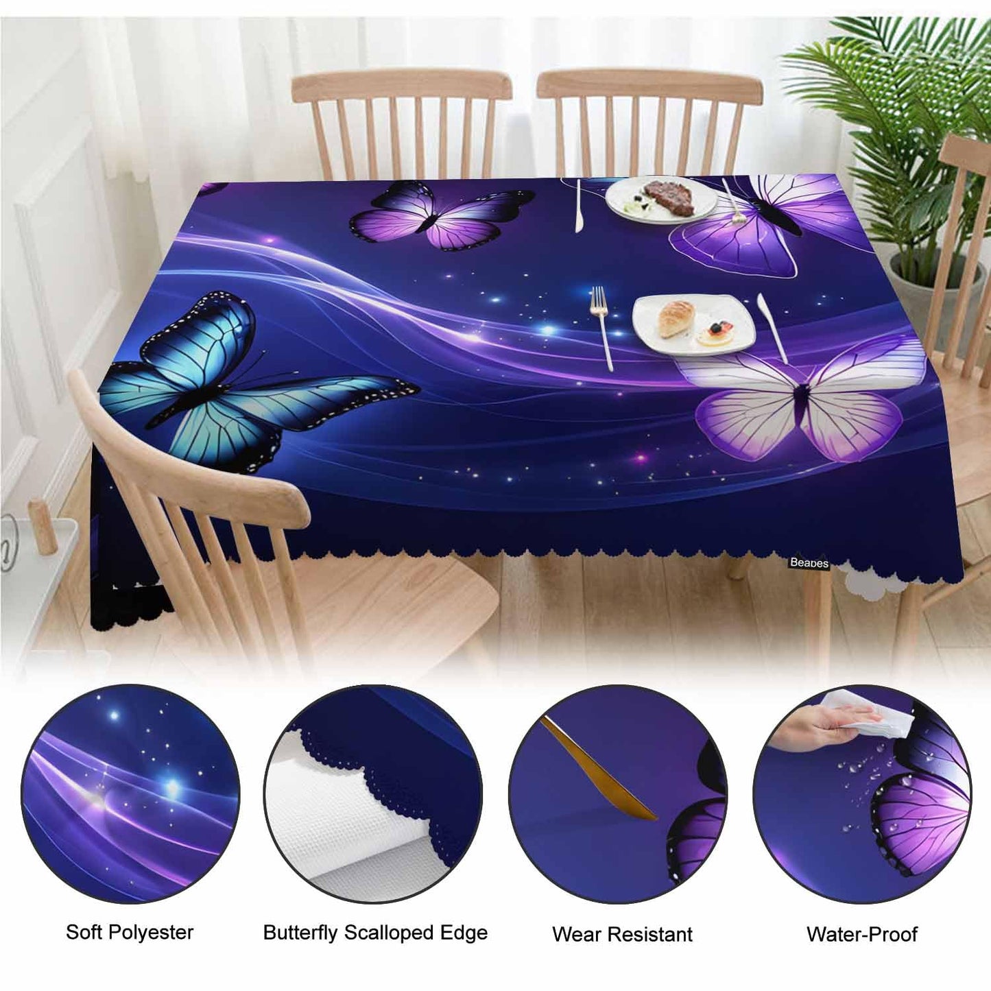 Beabes Butterfly Kitchen Tablecloth Glowing Butterflies Purple Indoor Outdoor Table Cover Anti-Oil Table Cloths for Wedding Banquet Dinner Tablecloths, 52x70 Inch(4-6 Seats)