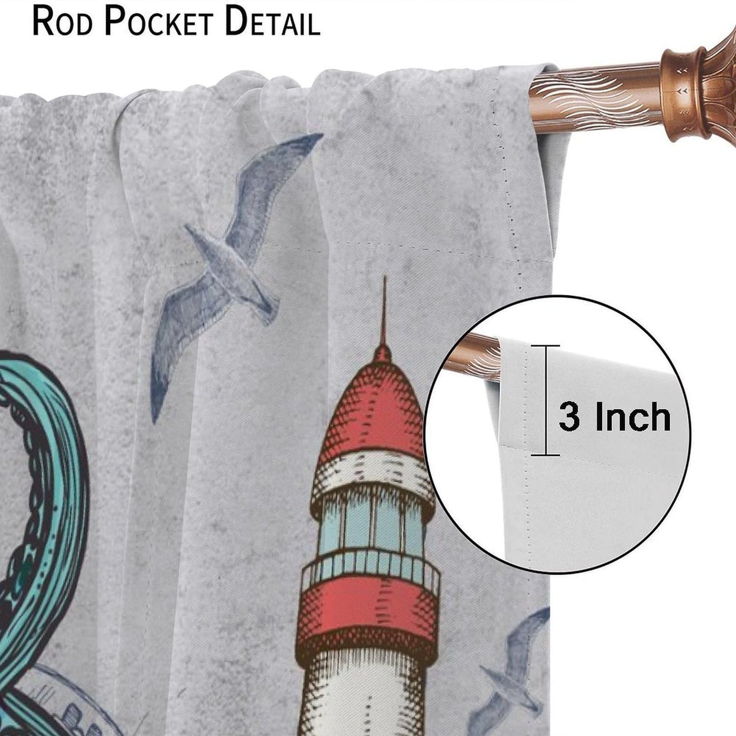 Nautical Curtains Vintage Blue Octopus Sea Monster Sailboat Map Rustic Lighthouse Compass Scene Ocean Beach Windows Treatments Rod Pocket For Boys Kids Living Room Bedroom 42x44.5In（No Blackout）