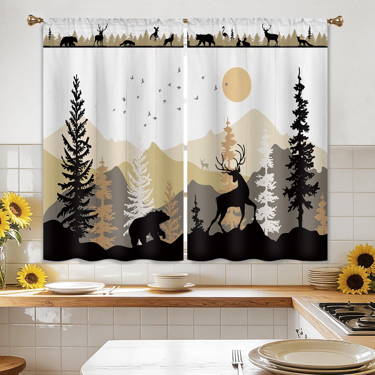 Cizuug Farmhouse Forest Cabin Kitchen Curtains Rustic Wooden Small Short Cafe Window Curtains Tree Country Deer Bear Rod Pocket Bathroom Window Drapes Treatment Tier Curtains 2 Panels (27.5x39 Inch)