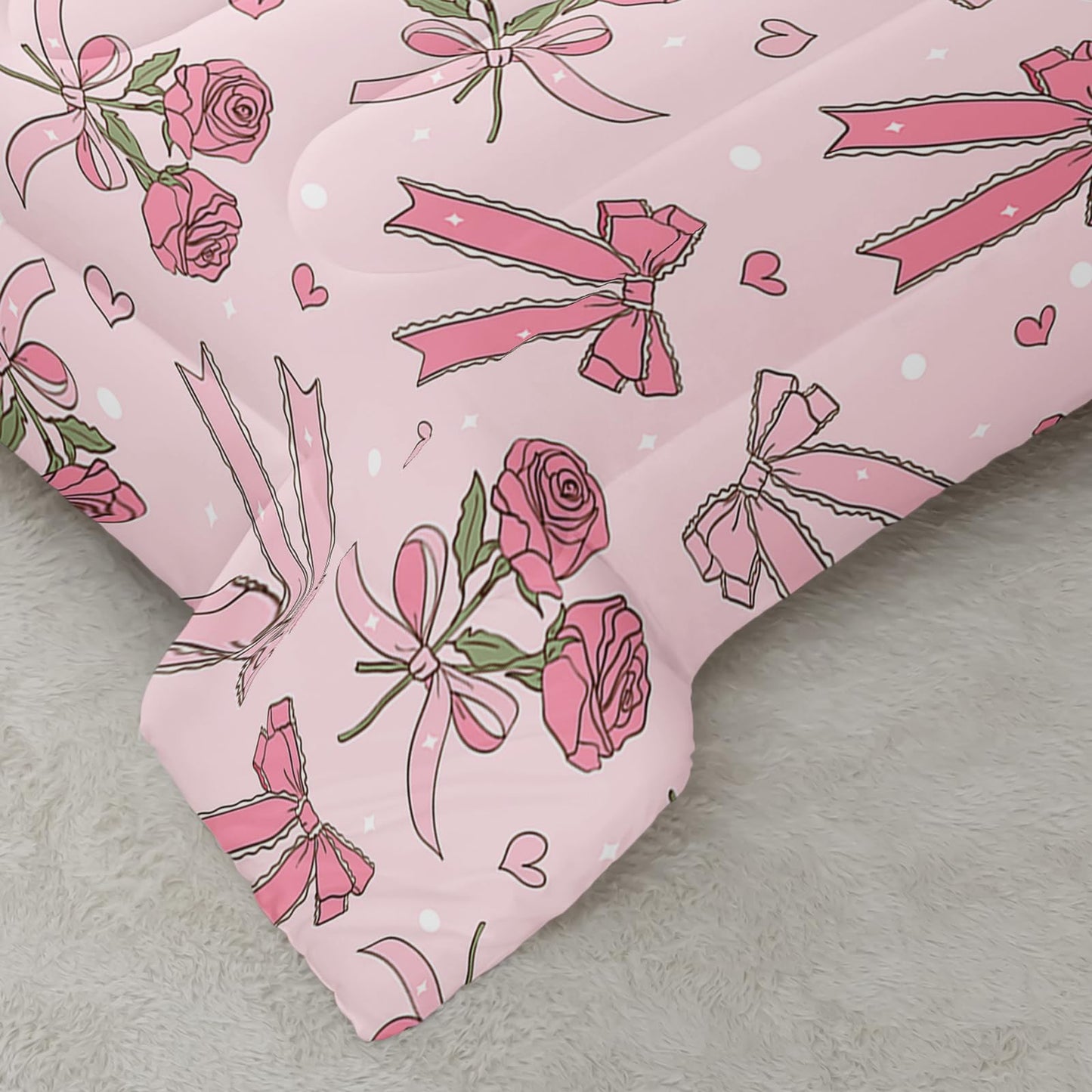 QOOMO 3Pcs Bow Comforter Set Twin,Pink Floral Bedding Set for Teens Boys Girls,Pink Bowknot Printed Comforter with 2 Pillowcases,Down Alternative,Soft and Lightweight