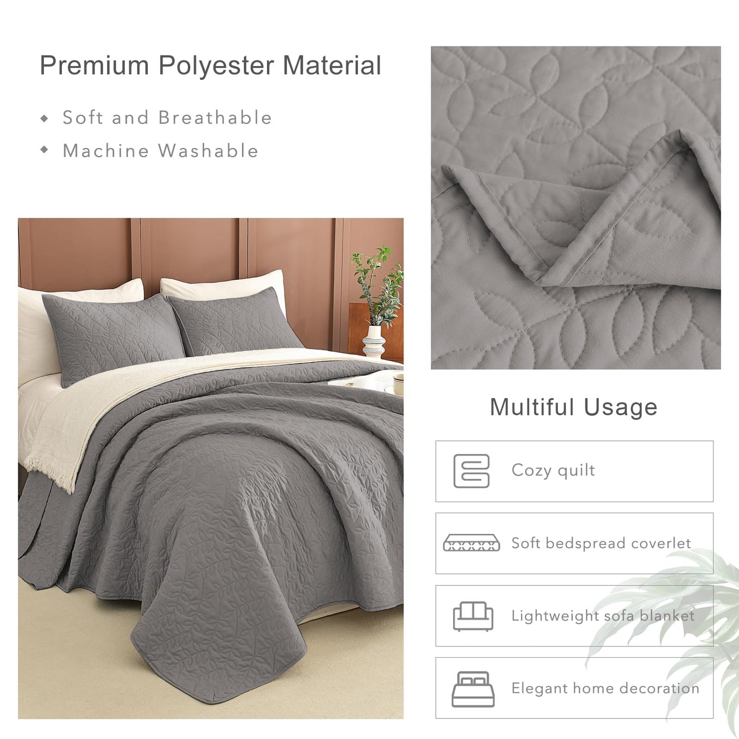 Masaca Oversized King Bedspread 128"x120",Grey Leaf Pattern King Quilt Bedding Set Oversized,3 Pieces Soft Lightweight Gray Extra Large Farmhouse Bedspread & Coverlet Sets