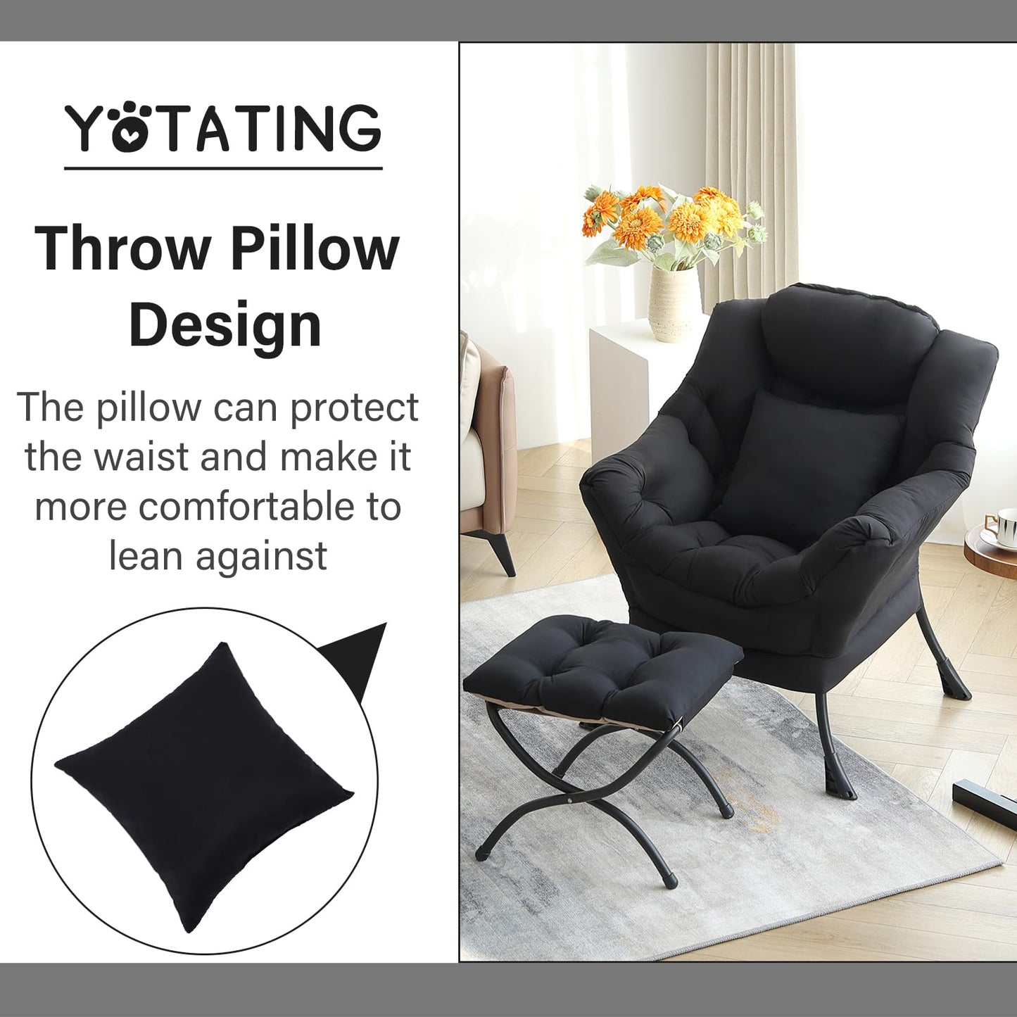 YOTATING Lazy Chair with Ottoman, Comfy Reading Chair with Footstool & Pillow Modern Lounge Chair with Armrests & Side Pocket for Living Room, Bedroom, Dorm Room，Black