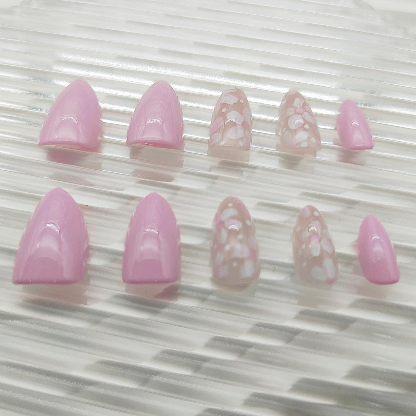 Almond Press on Nails Short Fake Nails Pink Flower Polka Dot Design Stick on Nails Summer Full Cover Reusable False Nail for Women 24Pcs