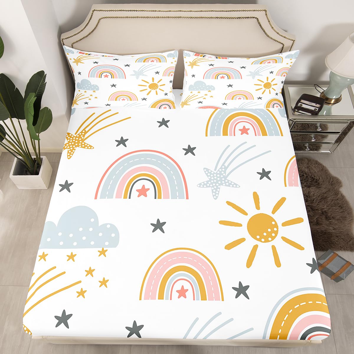 Erosebridal Girls Rainbow Fitted Sheet Sun and Stars Bed Sheets Full Size for Kids Boys Children Cartoon Cloud Bedding Set Girly Soft Microfiber Bed Sheet Home Decor with 2 Pillow Cases(No Flat Sheet)