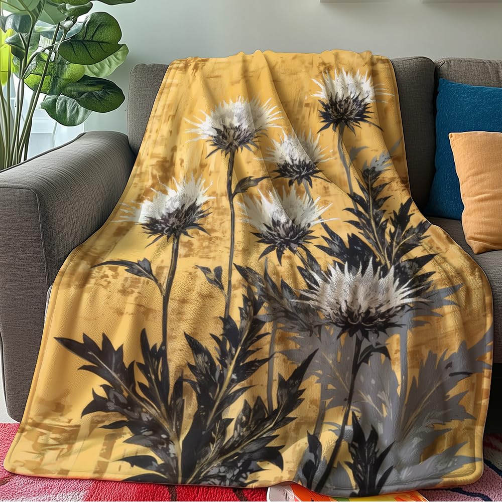 HUNXIAOJ Flower Print Blanket Rustic Floral Throw Blanket Floral Bedding Country Flower Decor Warm Soft Flannel for Bed Sofa Couch (49in x 59in)