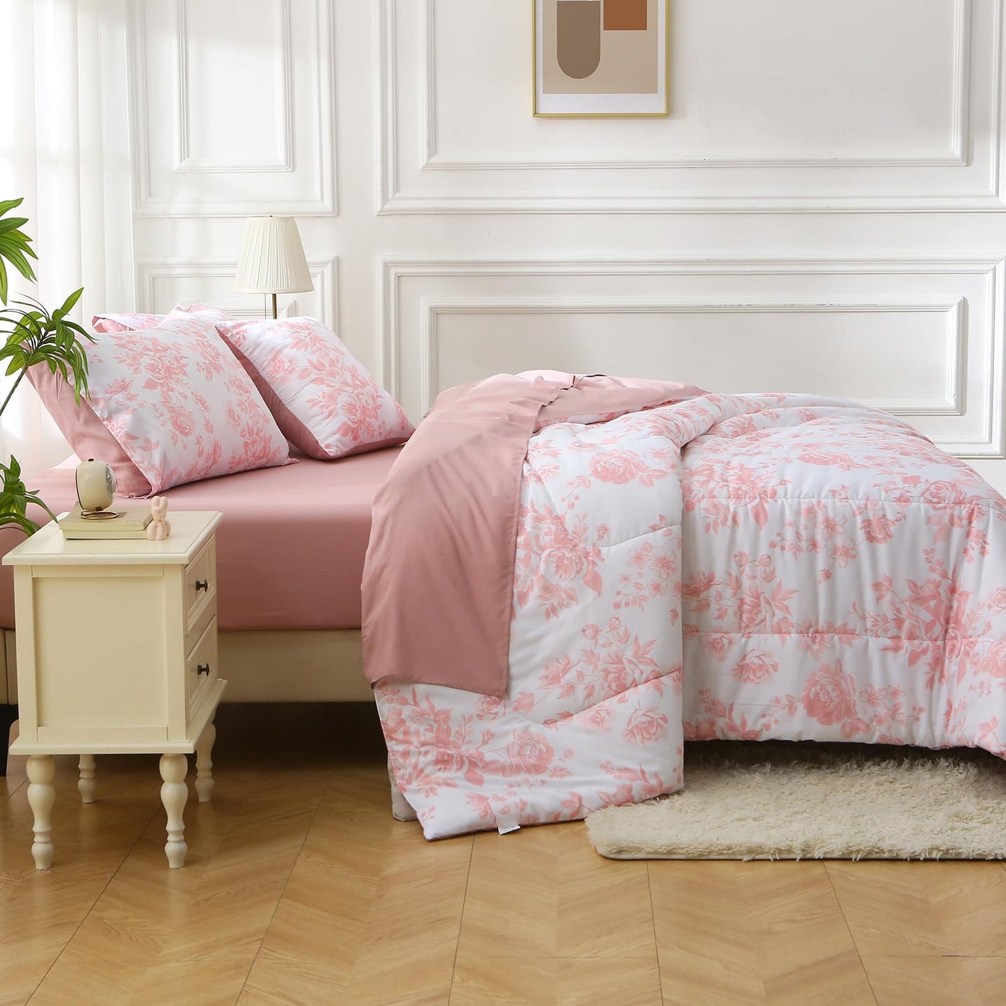 JQinHome Queen Comforter Set - 6 Pieces Reversible Pink Rose Floral Bedding Set, Bed in a Bag with Solid Pink Back Microfiber Comforter, Sheets & Cushion Cover, Edredones Queen Set Completo
