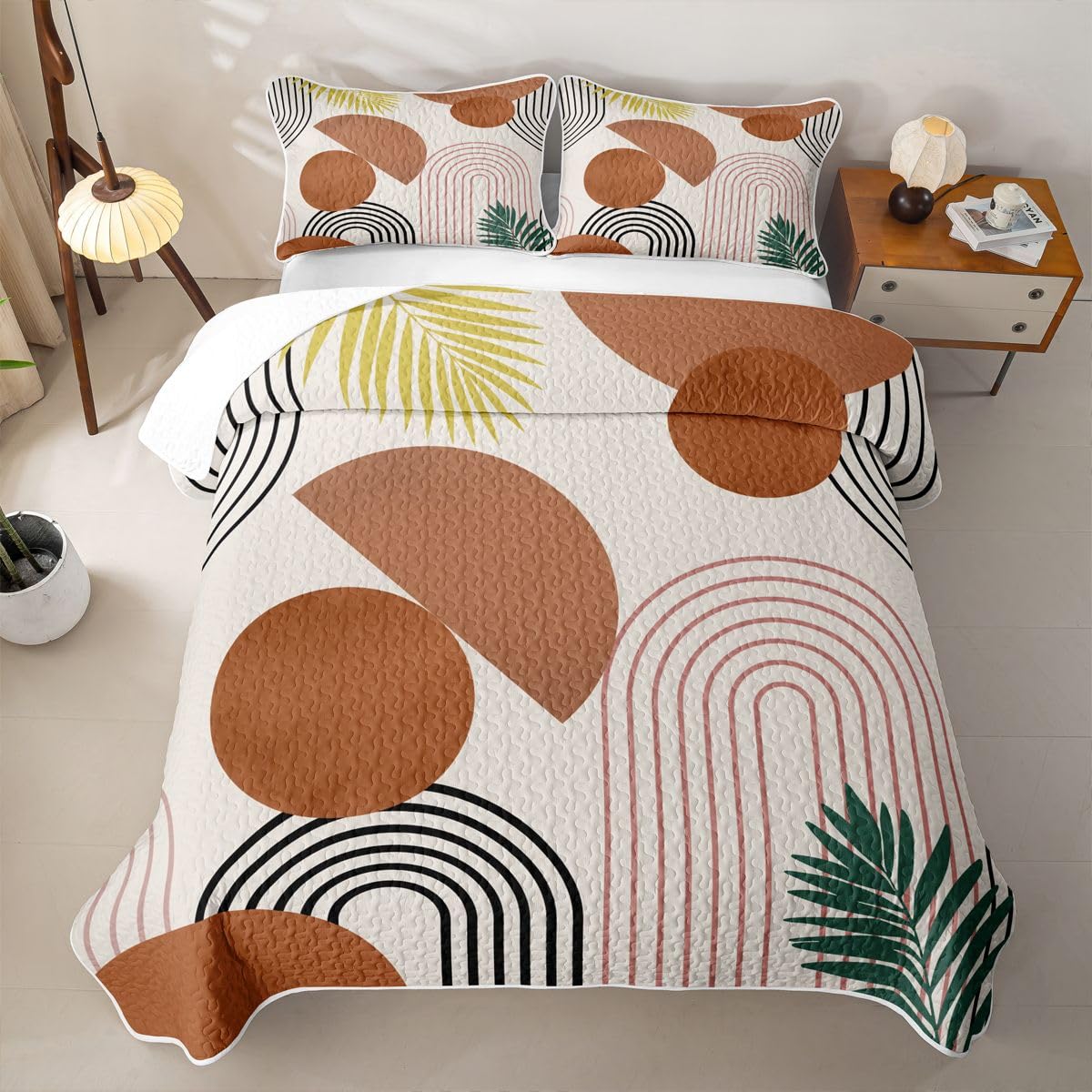 Erosebridal Boho Mid Century Quilted Bedspreadd Set Twin Bohemian Abstract Geometric Coverlet Set Modern Minimalistic Simple Bed Set Brown Orange Bedding Set