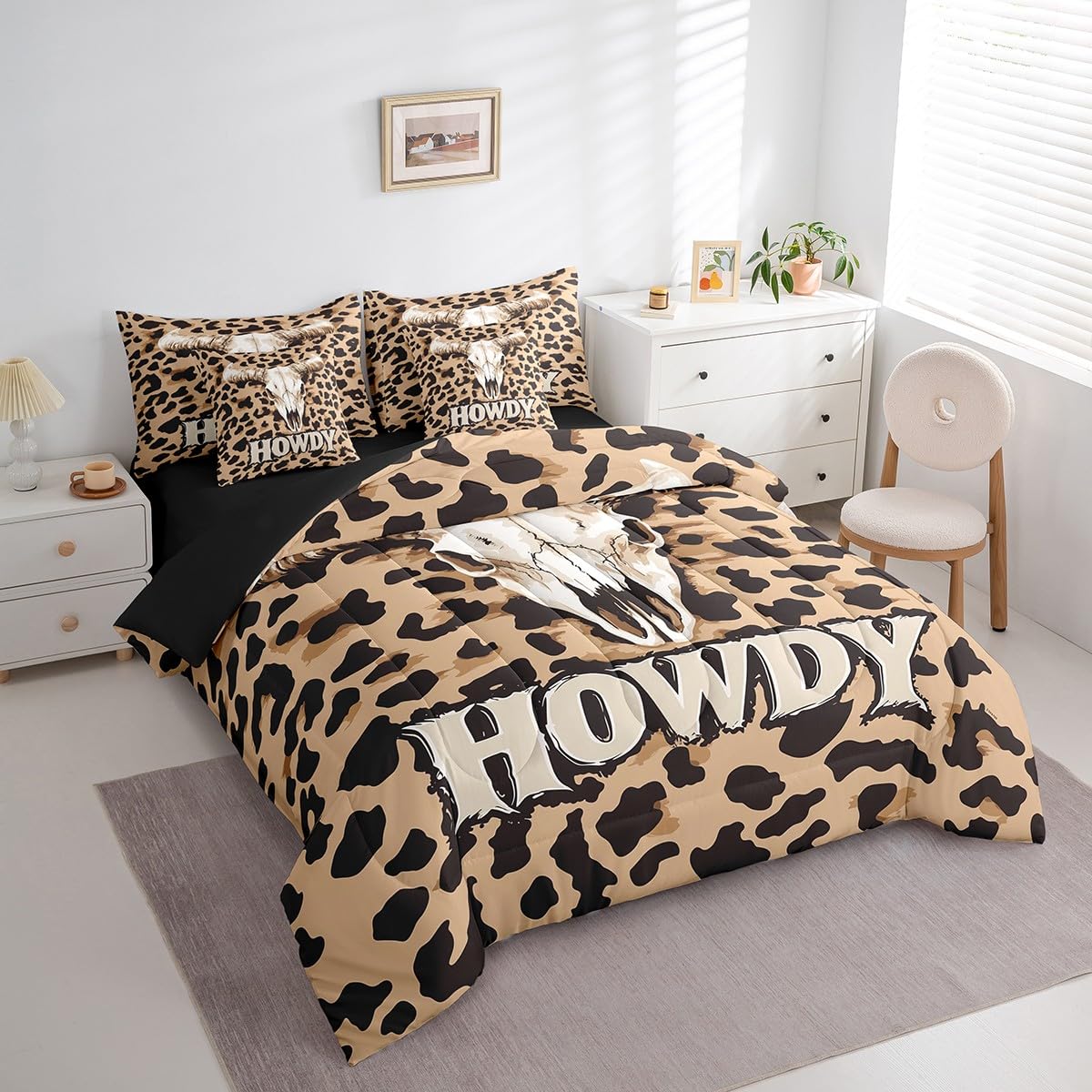 jejeloiu Cow Skull Comforter Set with Sheets Twin Size Kids Longhorn Skull 7 Pieces Bedding Set for Boys Girls Teens Leopard Print Bed in a Bag Breathable Western Bed Set Brown Black