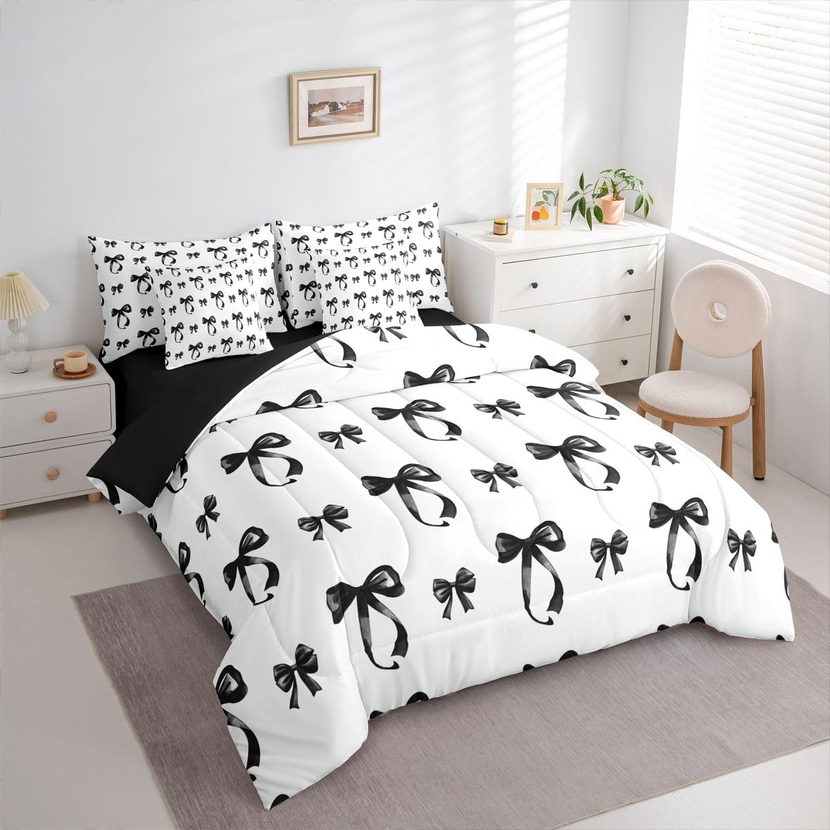 Erosebridal Bow 7 Pcs Bedding Set Full Black Bow Tie Comforter Set with Sheets Bowknot Bed in A Bag Black White Simple Decor Bedroom Decor