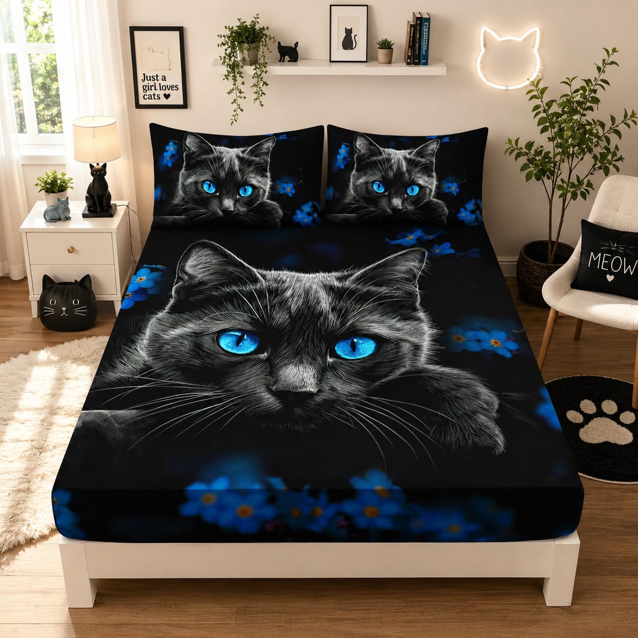UEVBF Black Cat Fitted Sheet Set Twin Size,Animal Themed Cute Bed Fitted Sheets Set for Kids Toddler Girls Boys Room Decor,Blue Floral Bedding Sets,1 Fitted Sheet+2 Pillowcases.