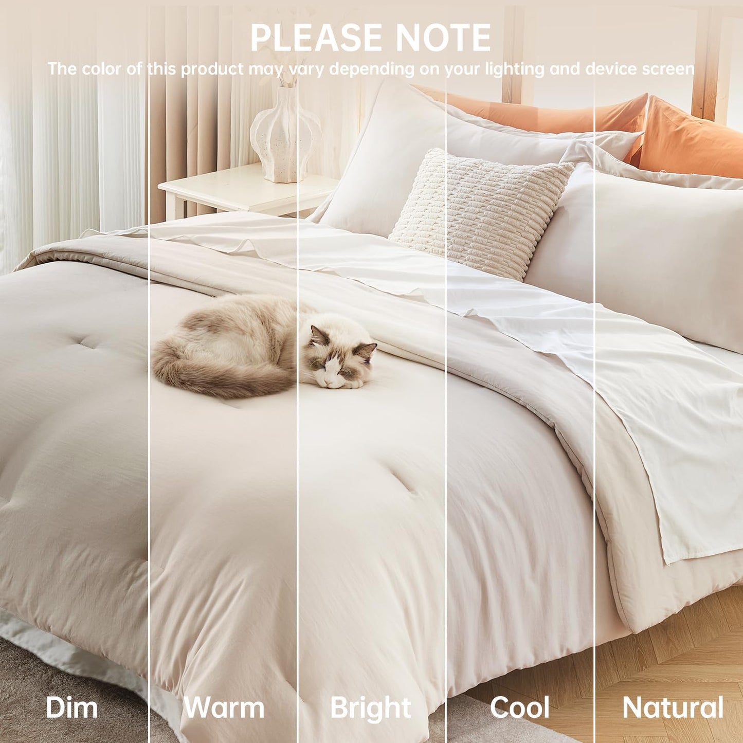 MUXHOMO Queen Size Comforter Set Beige, 3 Piece Solid Bedding for All Seasons, Warm Down Alternative Bed Set Includes 1 Lightweight Comforter (90"x90") and 2 Pillowshams (20"x26")