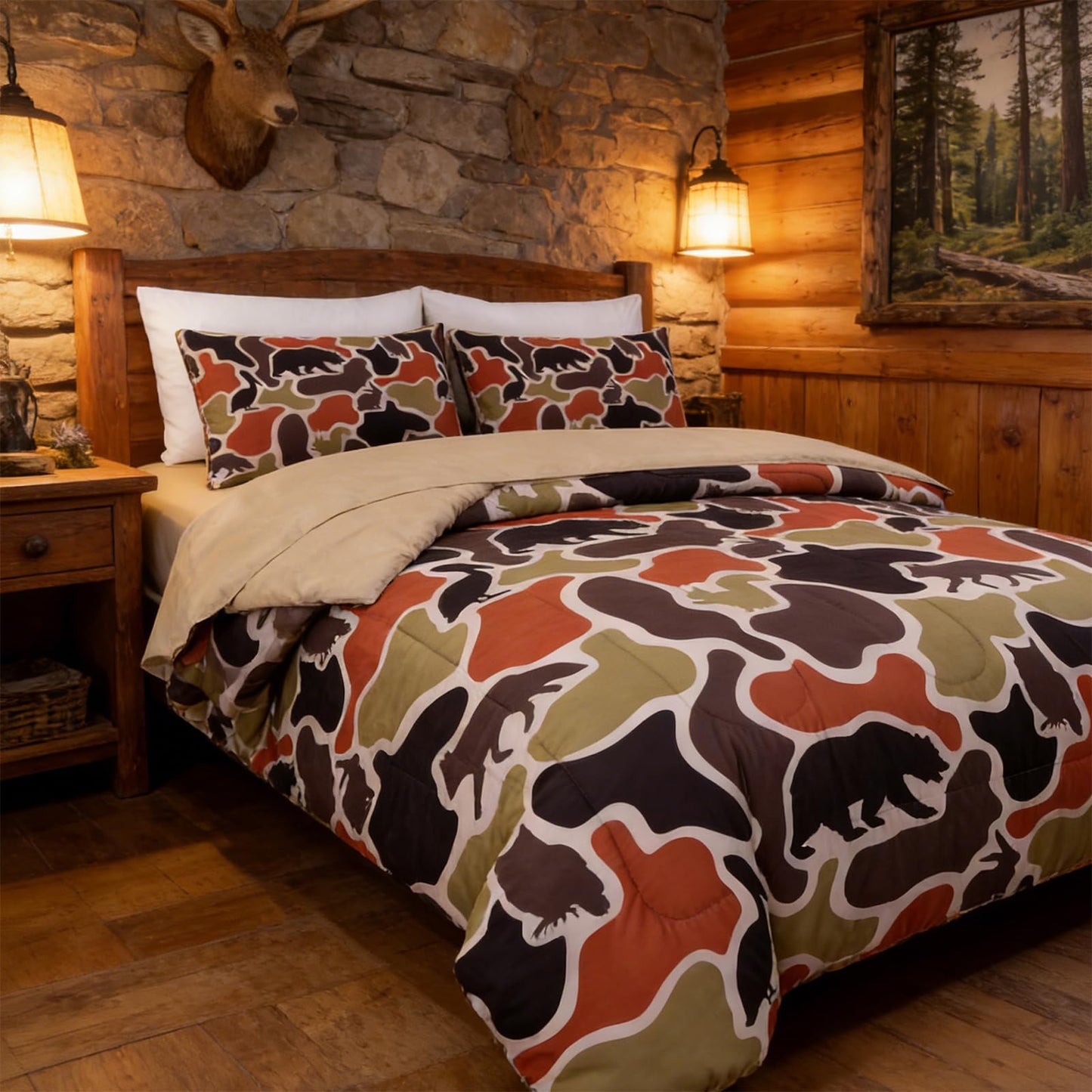 Holawakaka Men Boys Deer Camouflage Comforter Set with Sheets,Queen Size Hunting Elk Camo Bedding Sets for Kids Teens Bed-in-a-Bag 5 Pieces for Dorm Bedroom Cabin Lodge
