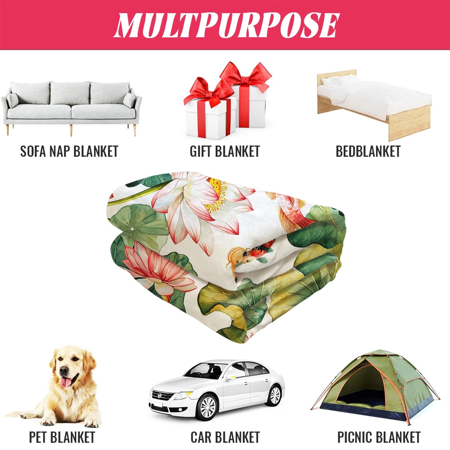 Lotus & Koi Fish Blanket, Traditional Art Home Decor, Super Soft Fleece Throw Blankets for Couch Sofa Bed, 60" x 80"