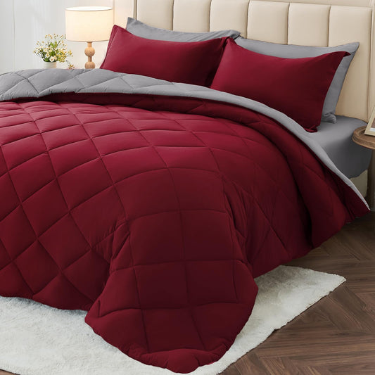 MUXHOMO 7 Pieces Queen Comforter Set, Reversible Bed in a Bag Queen Size, All Season Bedding Set with Comforter, Flat Sheet, Fitted Sheet, Pillowcases & Shams, Burgundy & Grey